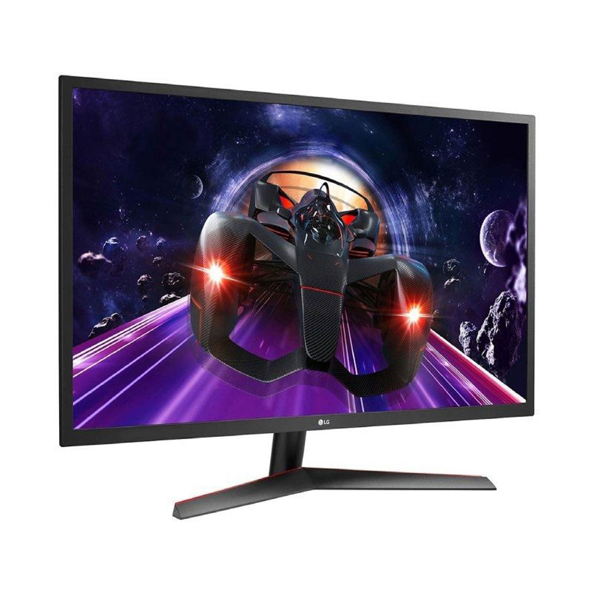 Monitor LG con scena spaziale e auto da corsa, base nera.
