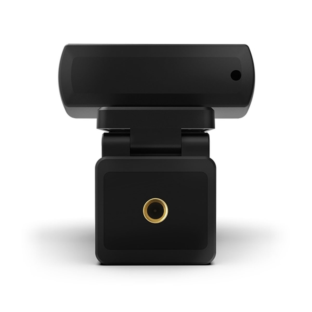 Czarna kamera internetowa z kwadratową podstawą i okrągłym, złotym otworem.