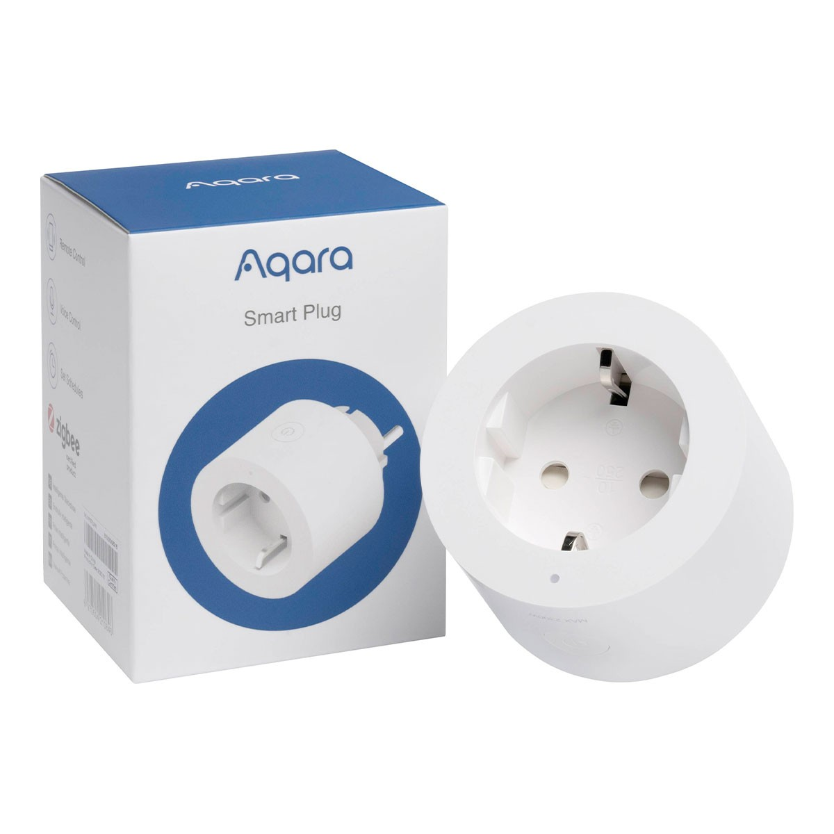 Ein weißer Aqara Smart Plug und seine Box. Die Box ist weiß und blau. Der Stecker hat drei Löcher und einen Knopf.