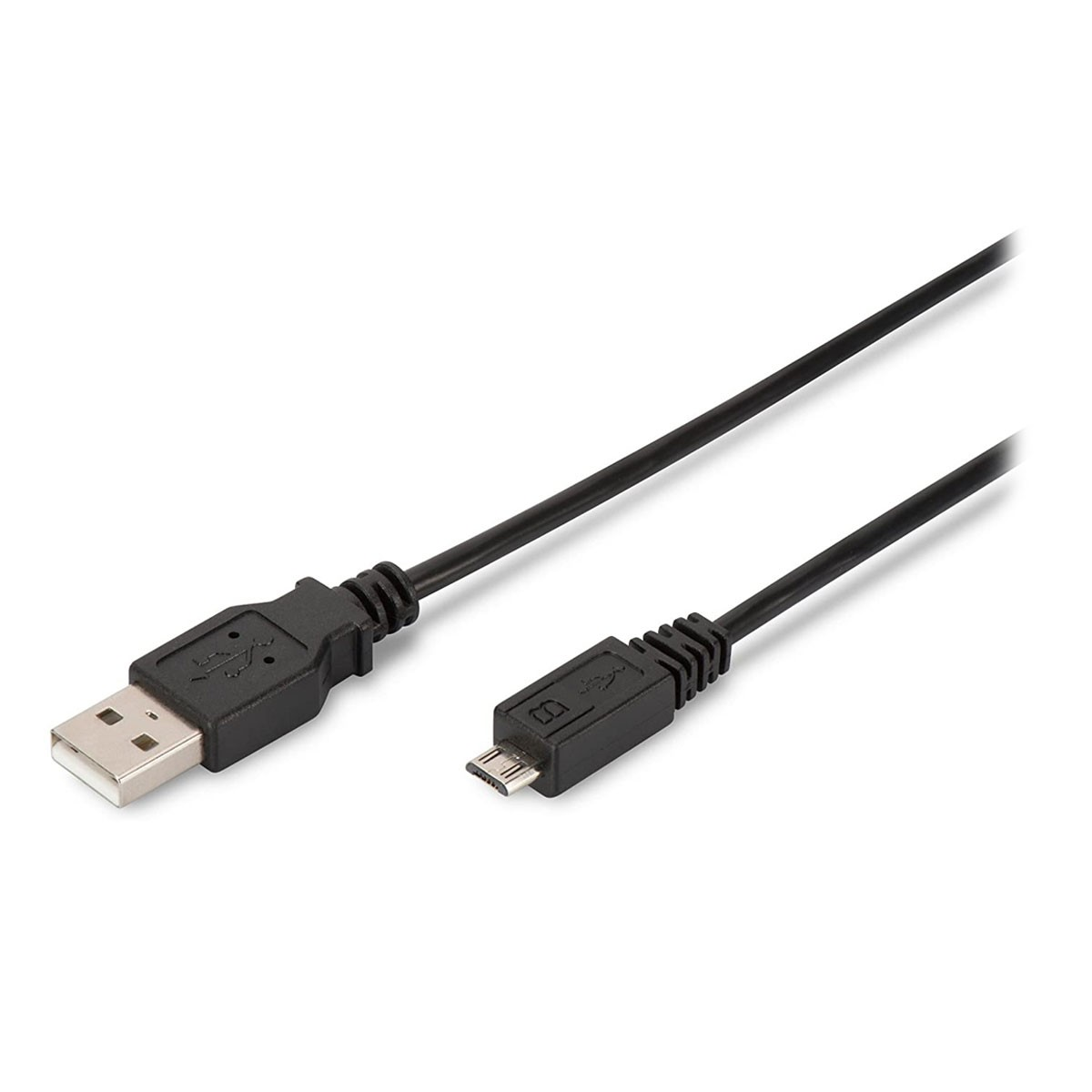 Schwarzes USB-zu-Micro-USB-Kabel auf weißer Oberfläche. Die Anschlüsse sind sichtbar.