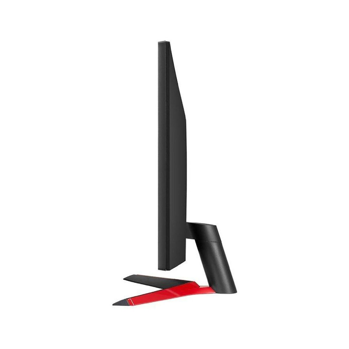 Vista laterale di un monitor per computer nero. Ha una base rossa e un profilo sottile.