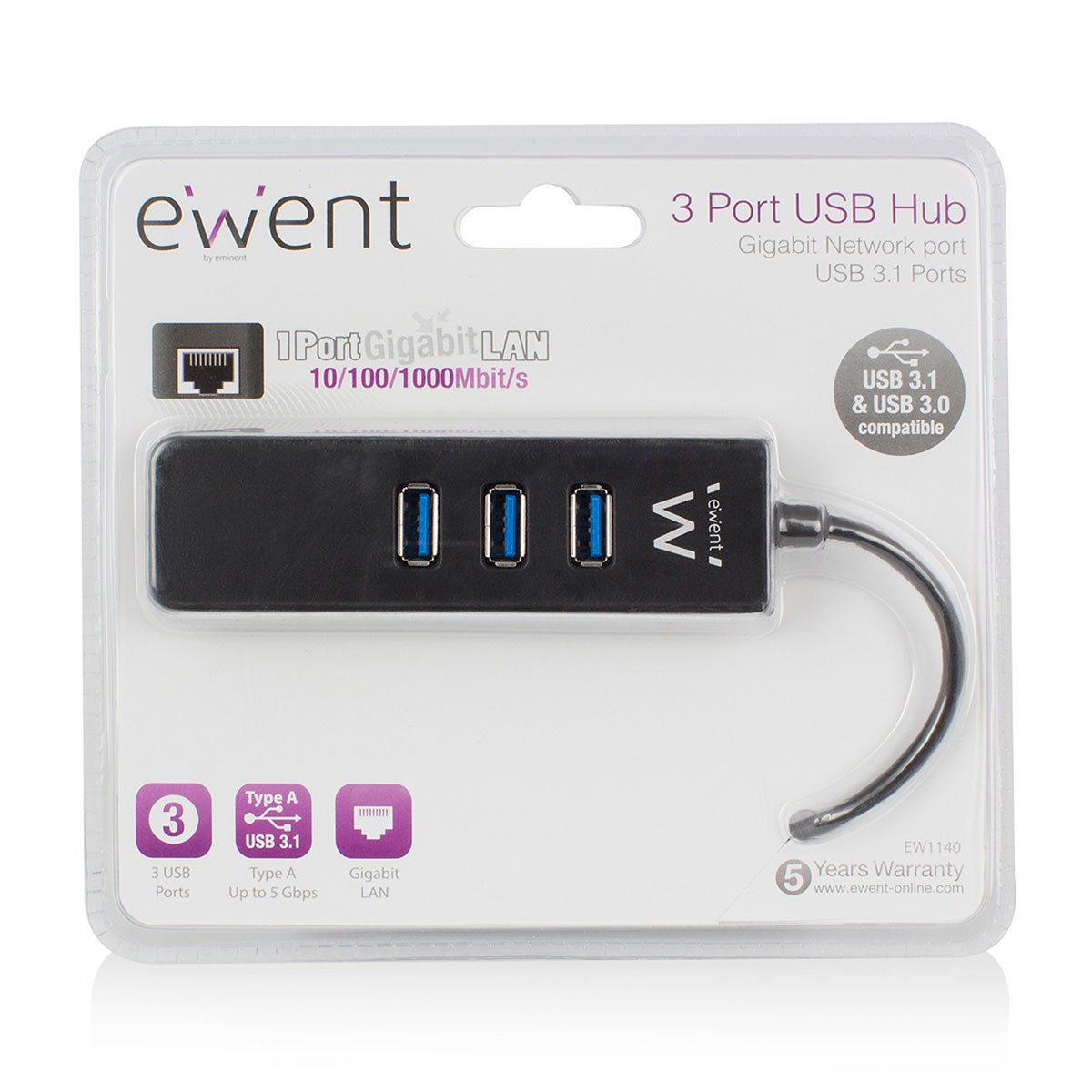 Hub USB in confezione con 3 porte USB.
