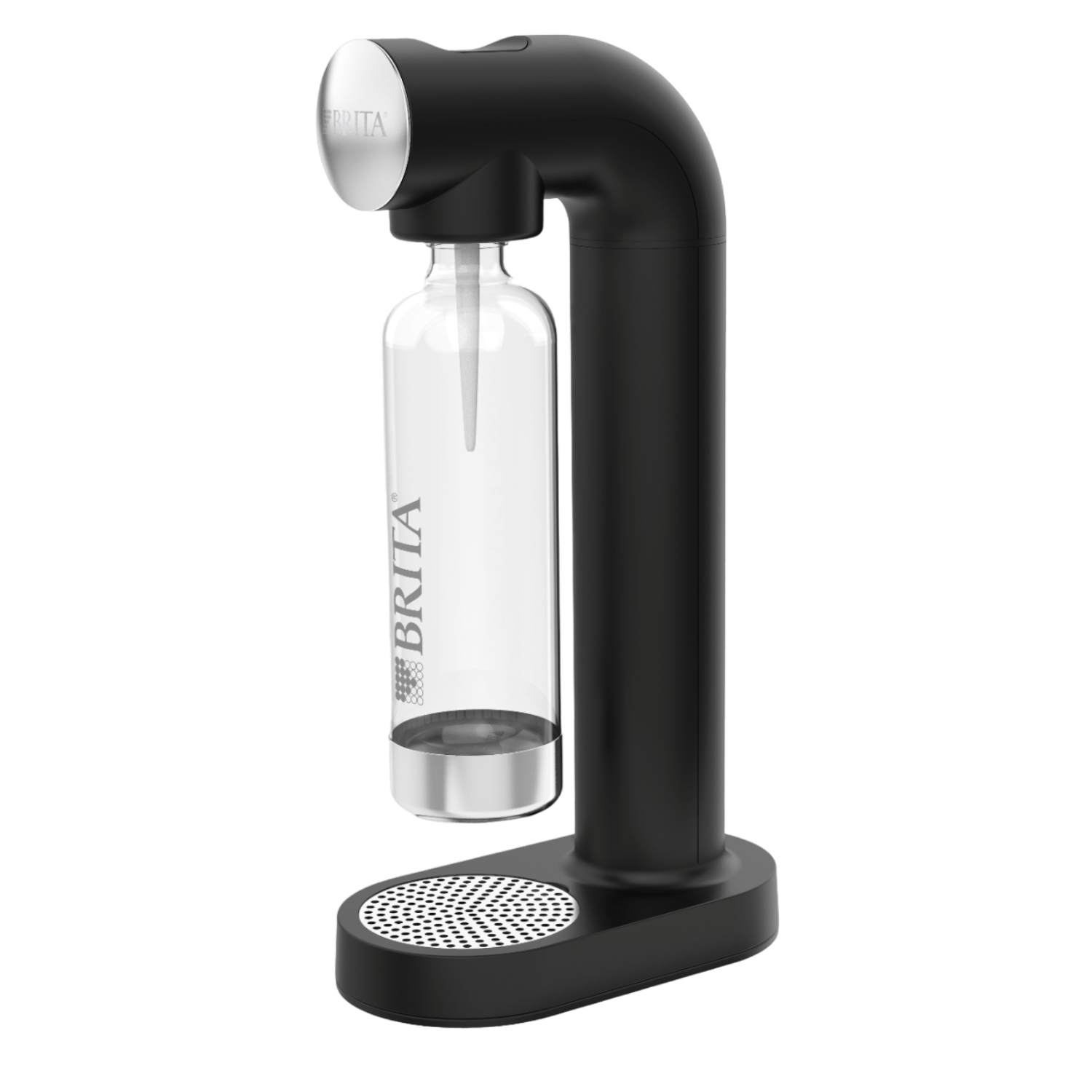 Schwarzer Soda-Maker mit einer Glasflasche. Die Maschine steht auf einer schwarzen Oberfläche.