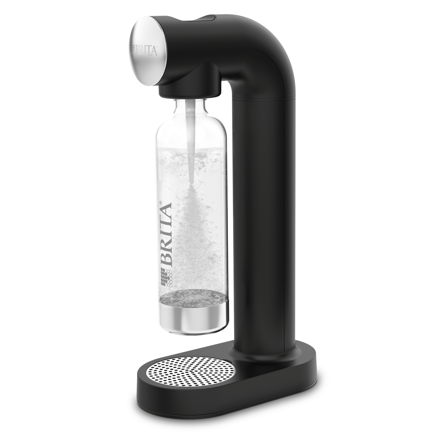 Schwarzer Sodabereiter mit einer Glasflasche. Es ist auf einem schwarzen Hintergrund.