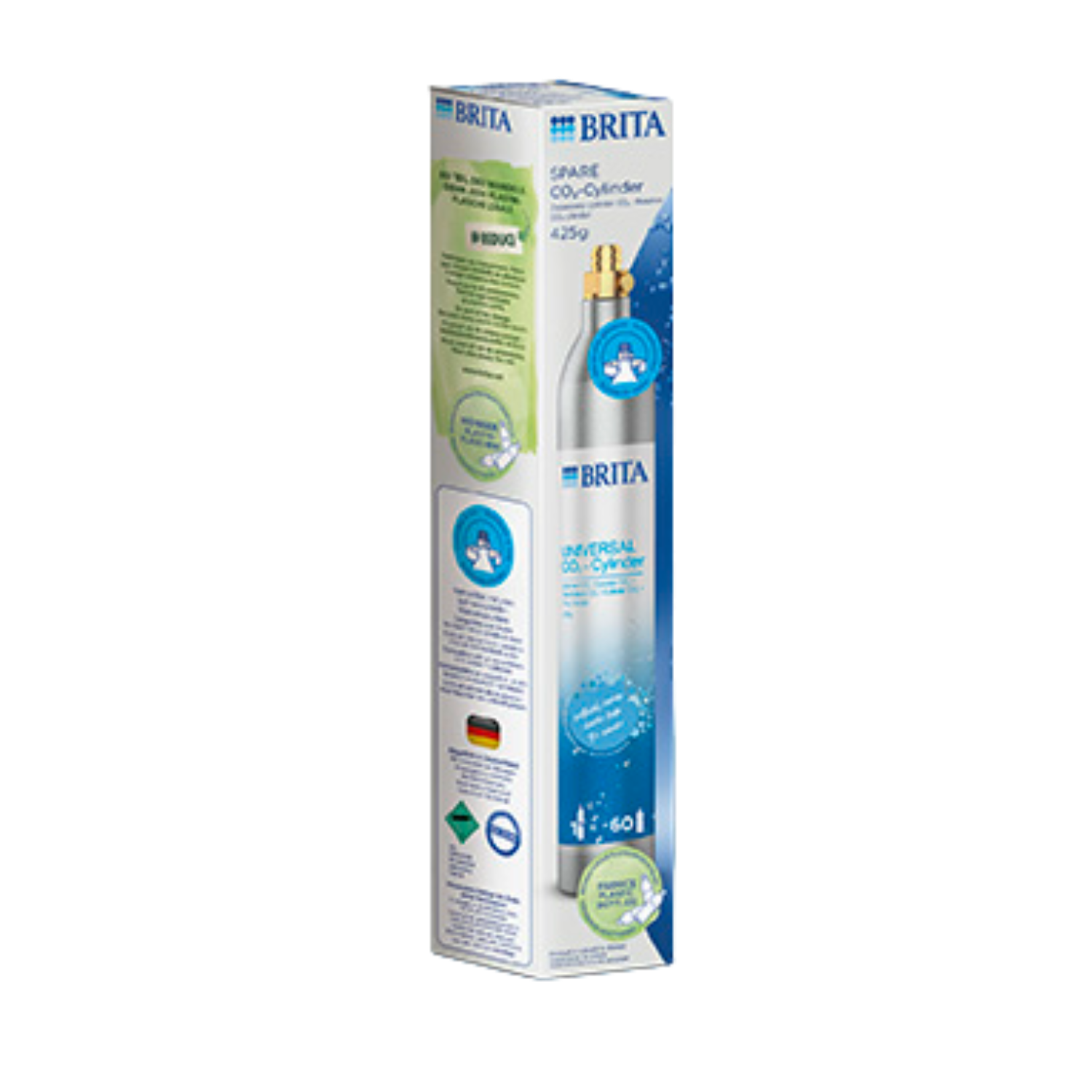Brita CO2-Zylinder in einer Box mit Wasser- und Eisgrafik und Text.