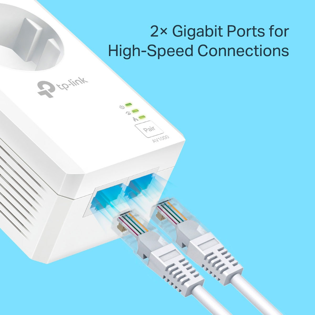 Białe urządzenie tp-link z dwoma portami Ethernet i dwoma kablami, które się do nich podłączają.