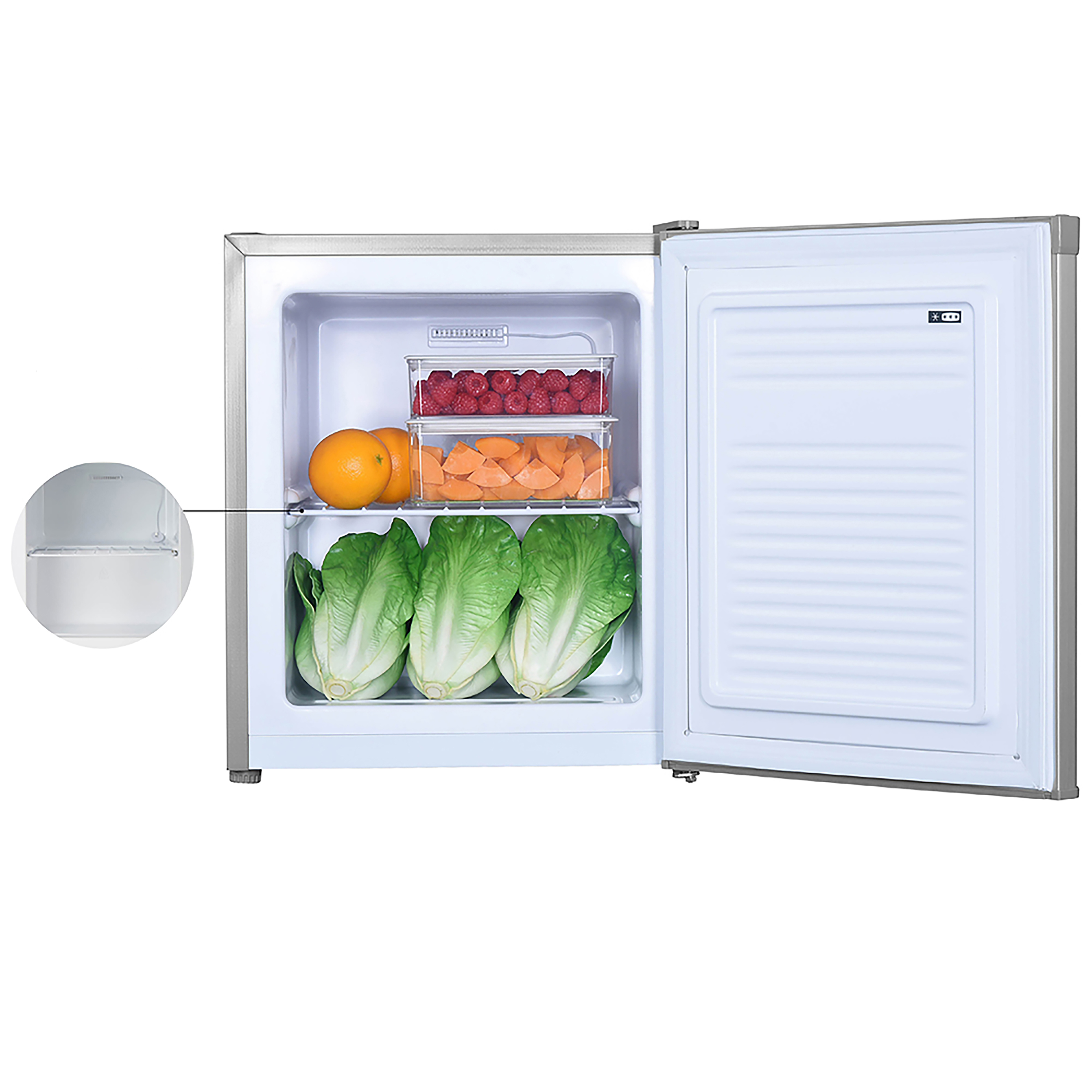 Opened fridge with lettuce, oranges, raspberries, and carrots. Silver frame.