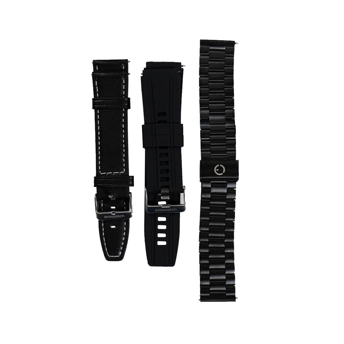 Drei Uhrenarmbänder. Eines aus schwarzem Leder, eines aus schwarzem Silikon und eines aus schwarzem Metall.