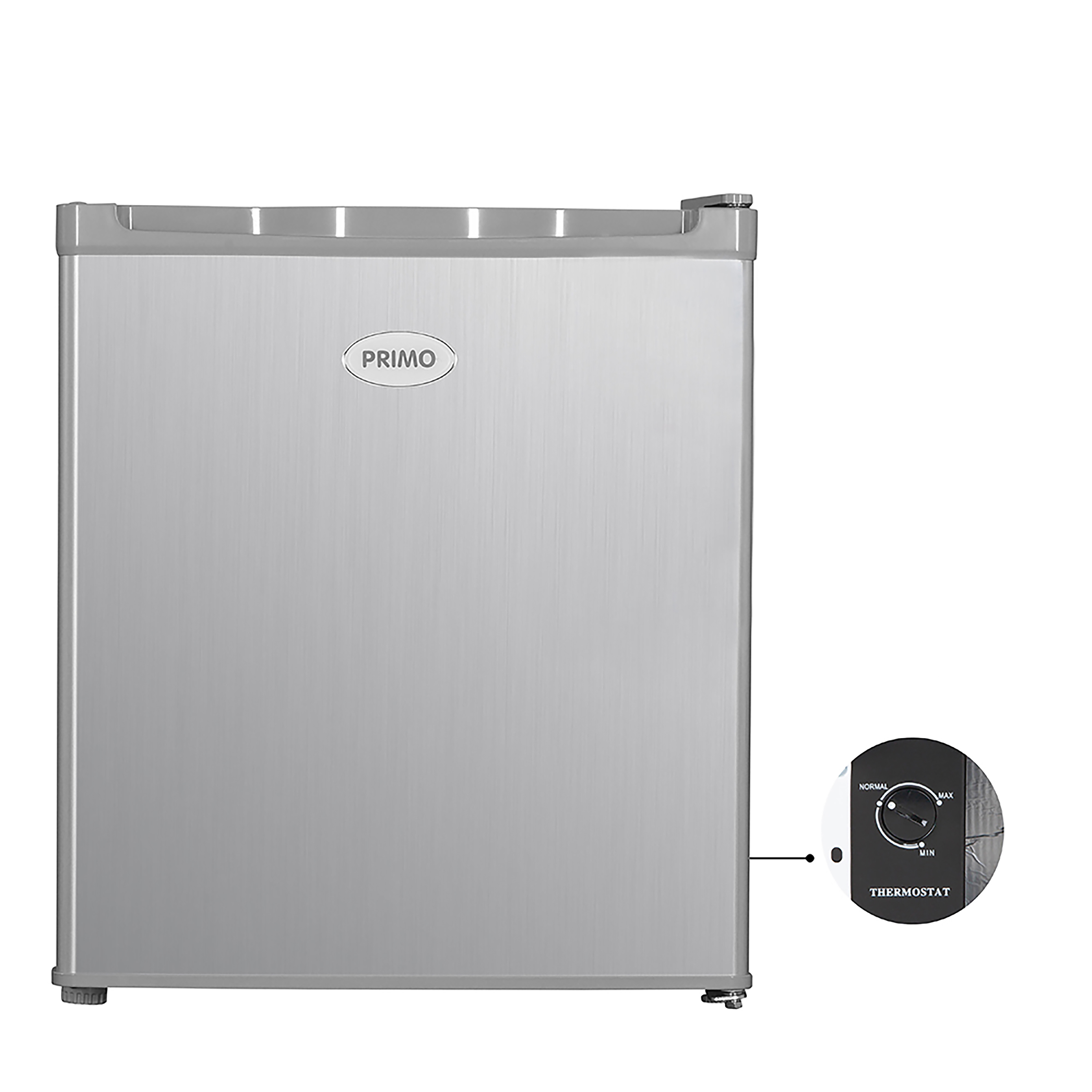 A silver mini-fridge with a thermostat dial on the right side, on a white background.