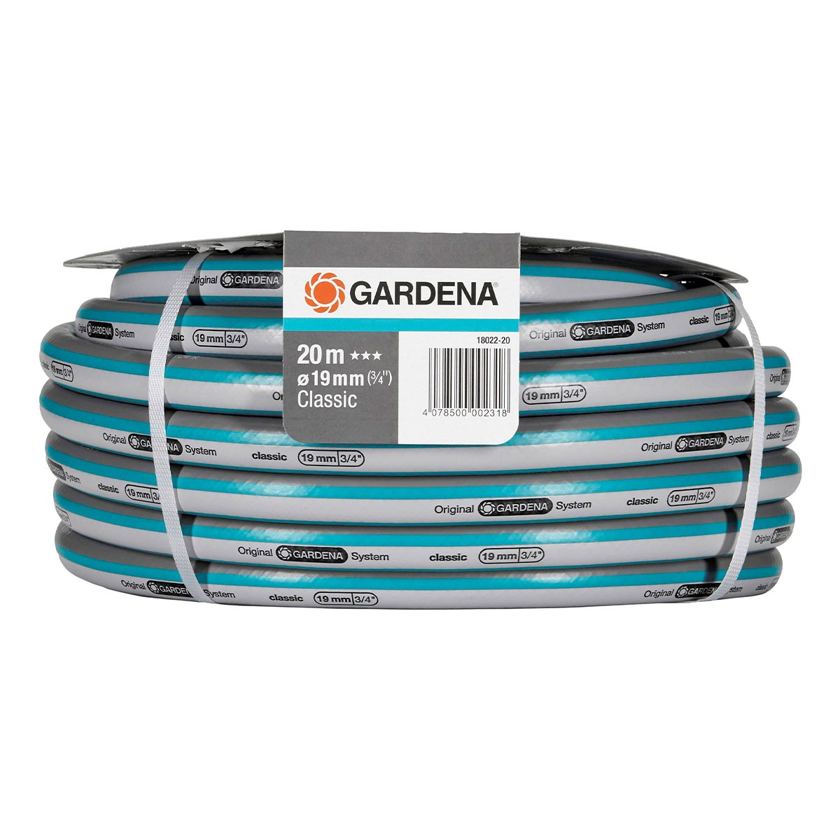 Aufgerollter Gartenschlauch mit Gardena-Branding, 20 m lang und 19 mm Durchmesser.