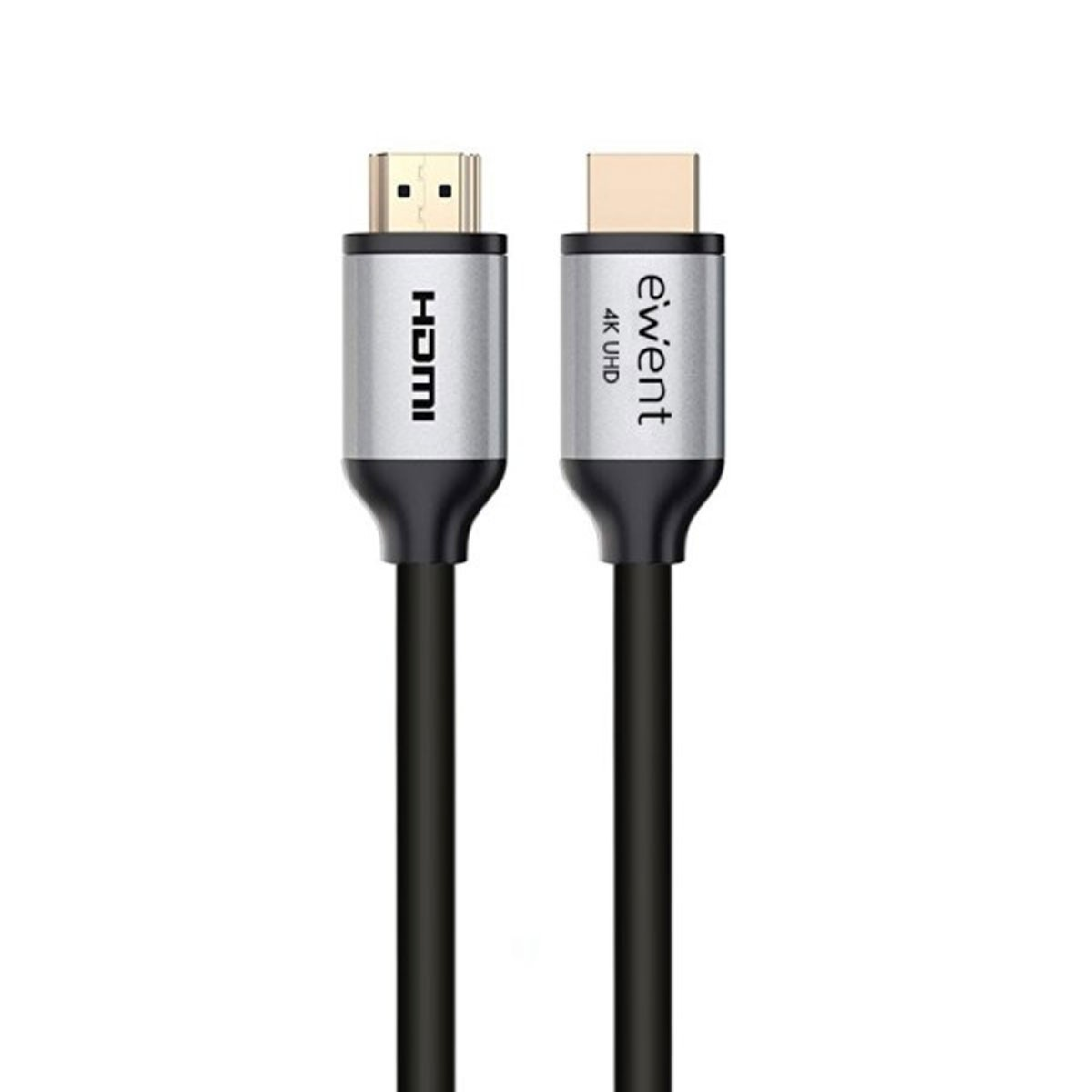 Twee zwarte HDMI-kabels. Eén uiteinde heeft een HDMI-connector, de andere een ewent 4K UHD label.