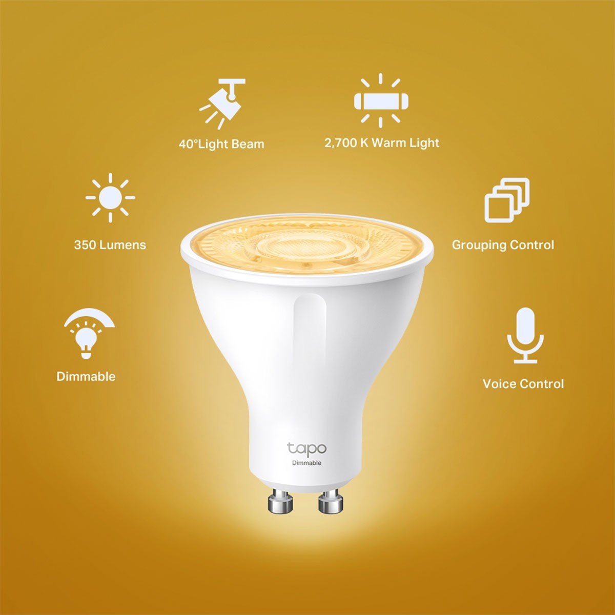 Une ampoule blanche et dorée avec des caractéristiques : faisceau lumineux à 40°, lumière chaude de 2700 K, 350 lumens, variable, commande vocale.