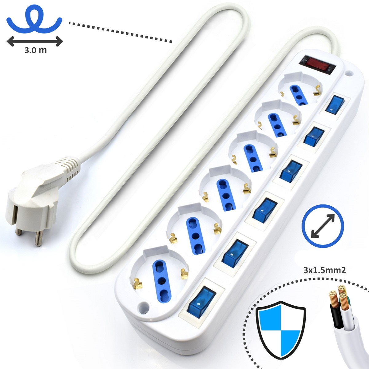 Regleta blanca con 6 enchufes, interruptores y cable de 3.0 m. El cable es blanco.