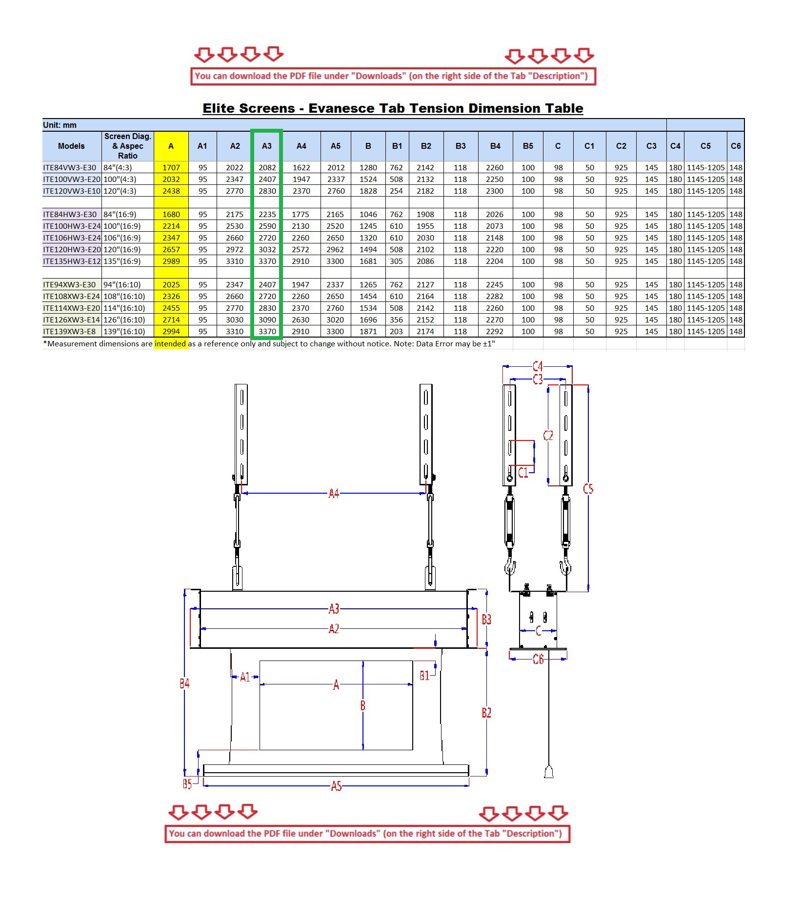 Diagramma di uno schermo con dimensioni ed etichette in più lingue, utilizzato per le specifiche del prodotto.