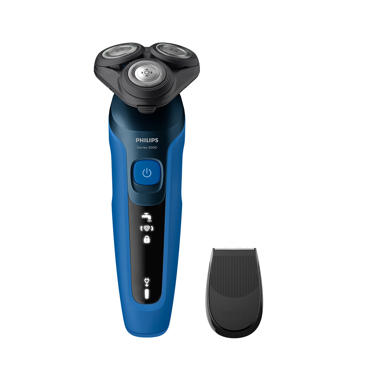 Niebiesko-czarna golarka elektryczna. Posiada trzy obrotowe ostrza i nakładkę do przycinania. Czarne tło.