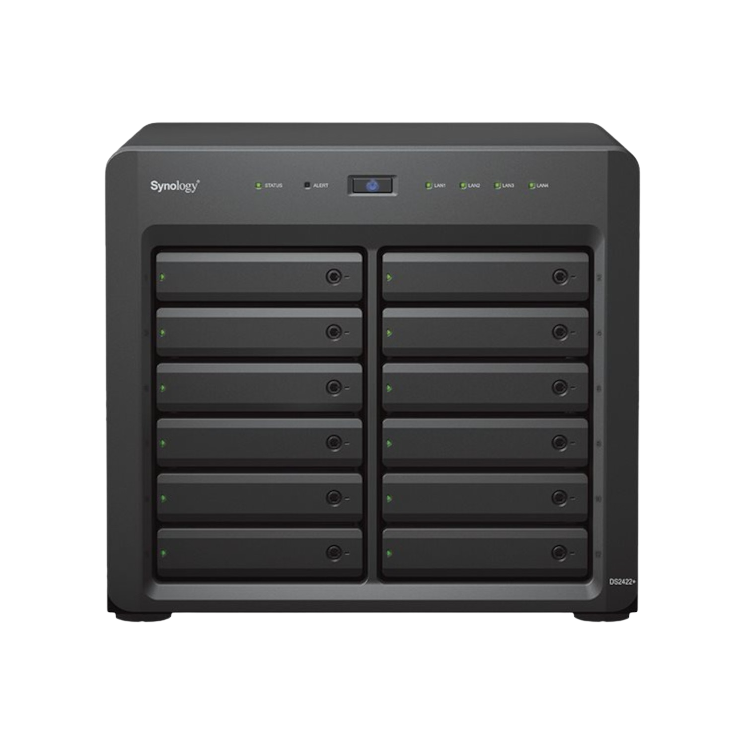 Serveur NAS Synology noir avec 12 baies et le logo Synology.