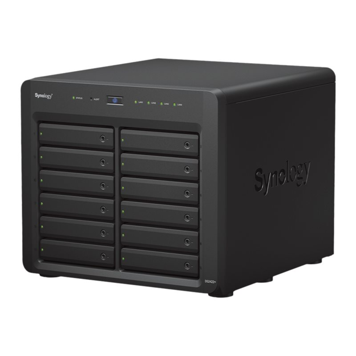 Serveur NAS Synology noir avec 12 baies, logo Synology sur le côté.