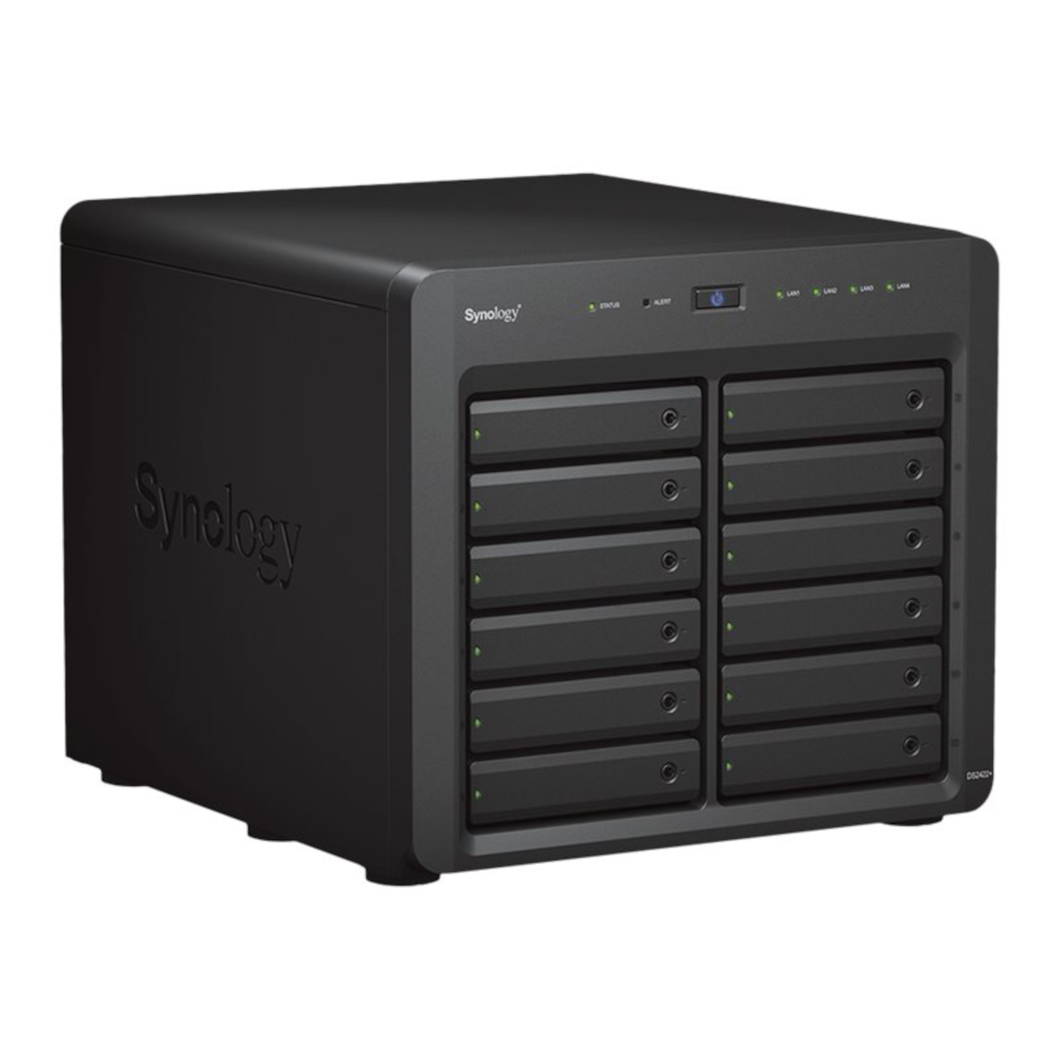 Serveur NAS Synology noir avec 12 baies, logo Synology sur le côté.