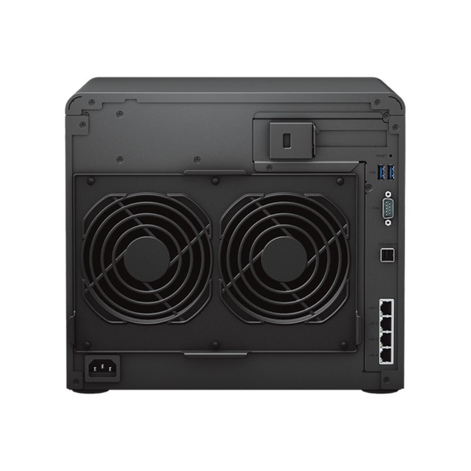 Vue arrière d'un serveur NAS noir avec deux ventilateurs et des ports.