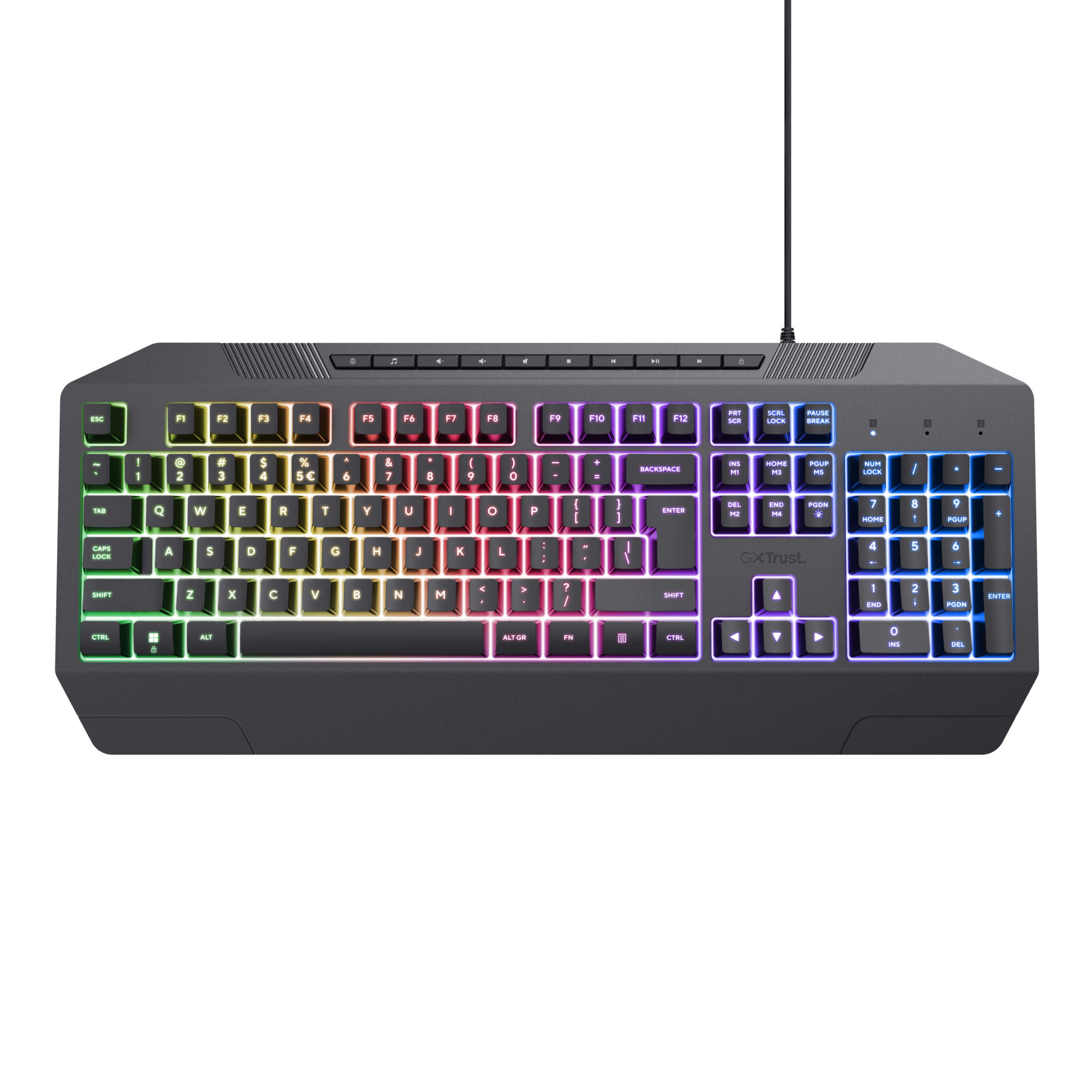Black and colorful keyboard with many keys and a trust logo on the bottom.