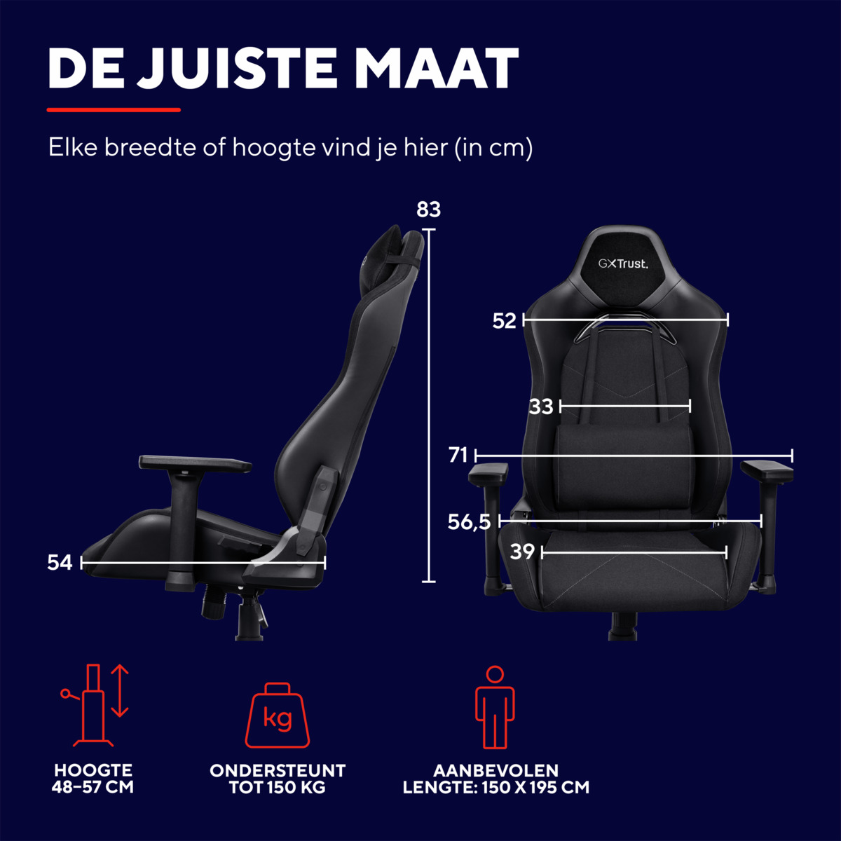 Schwarzer Gaming-Stuhl mit Abmessungen: 83 cm Höhe, 52 cm Breite, 56,5 cm Tiefe. Max. Gewicht 150 kg.