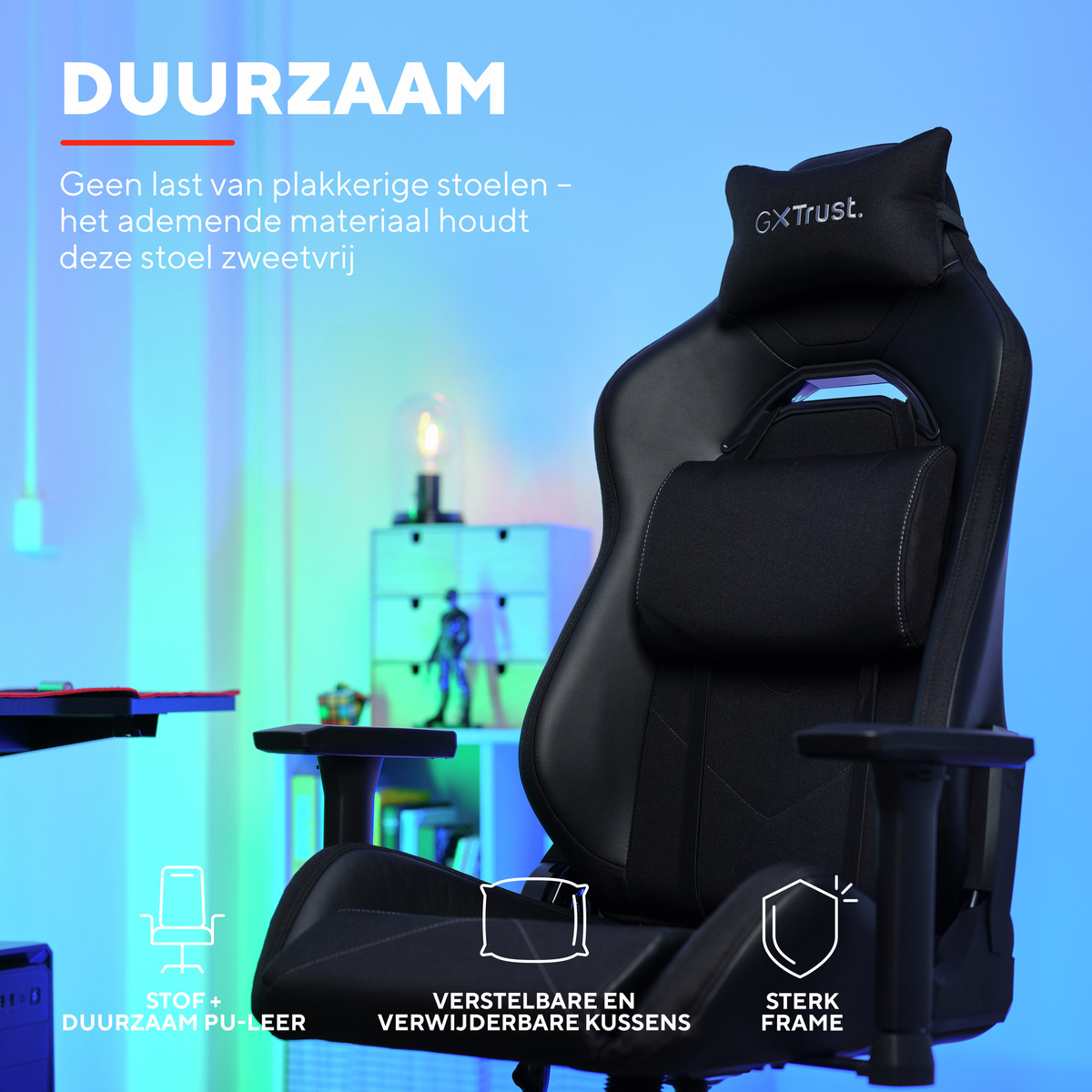 Schwarzer Gaming-Stuhl mit verstellbaren Kissen und starkem Rahmen.