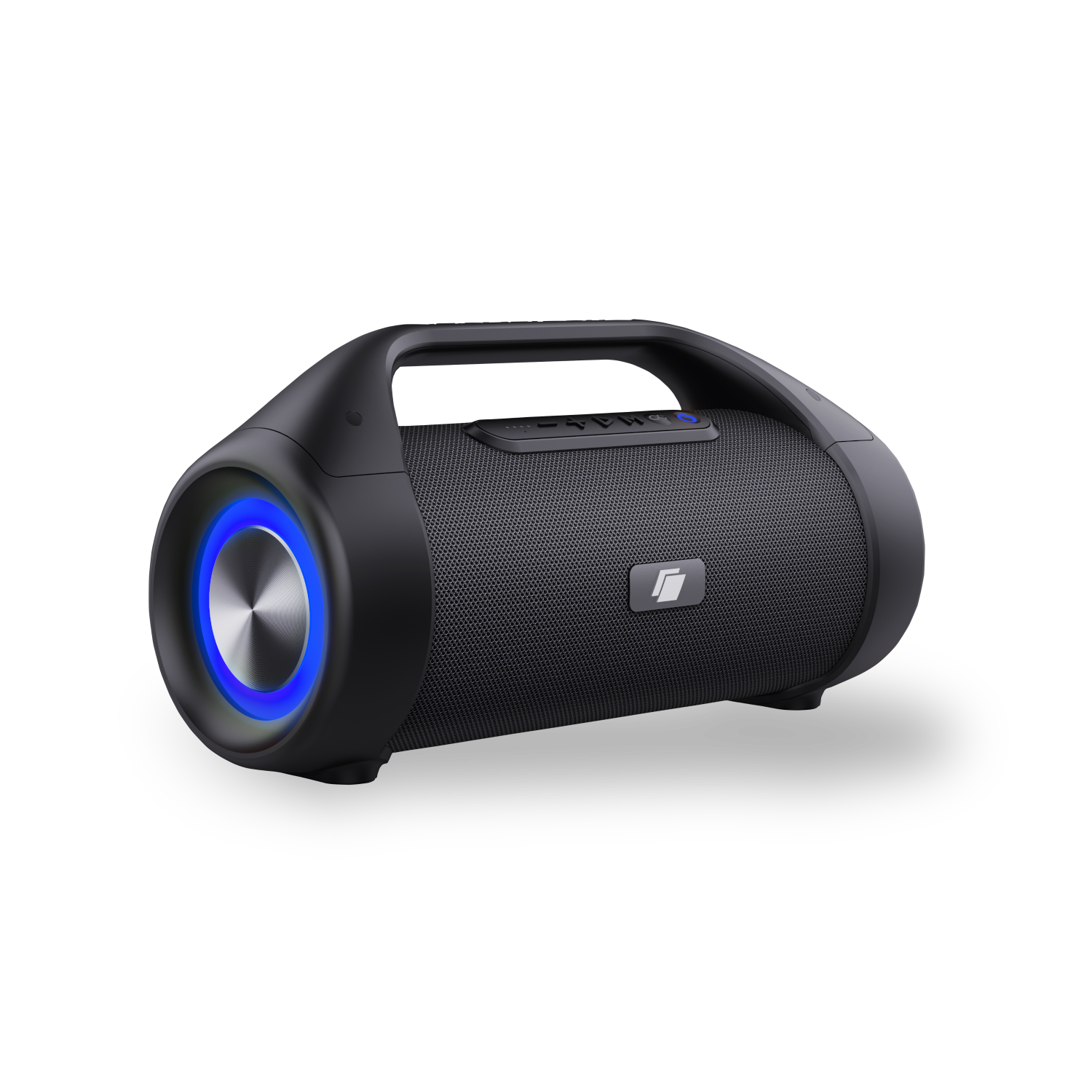 Zwarte boombox-luidspreker met blauw lichtdetail, handvat en bedieningselementen, tegen een zwarte achtergrond.