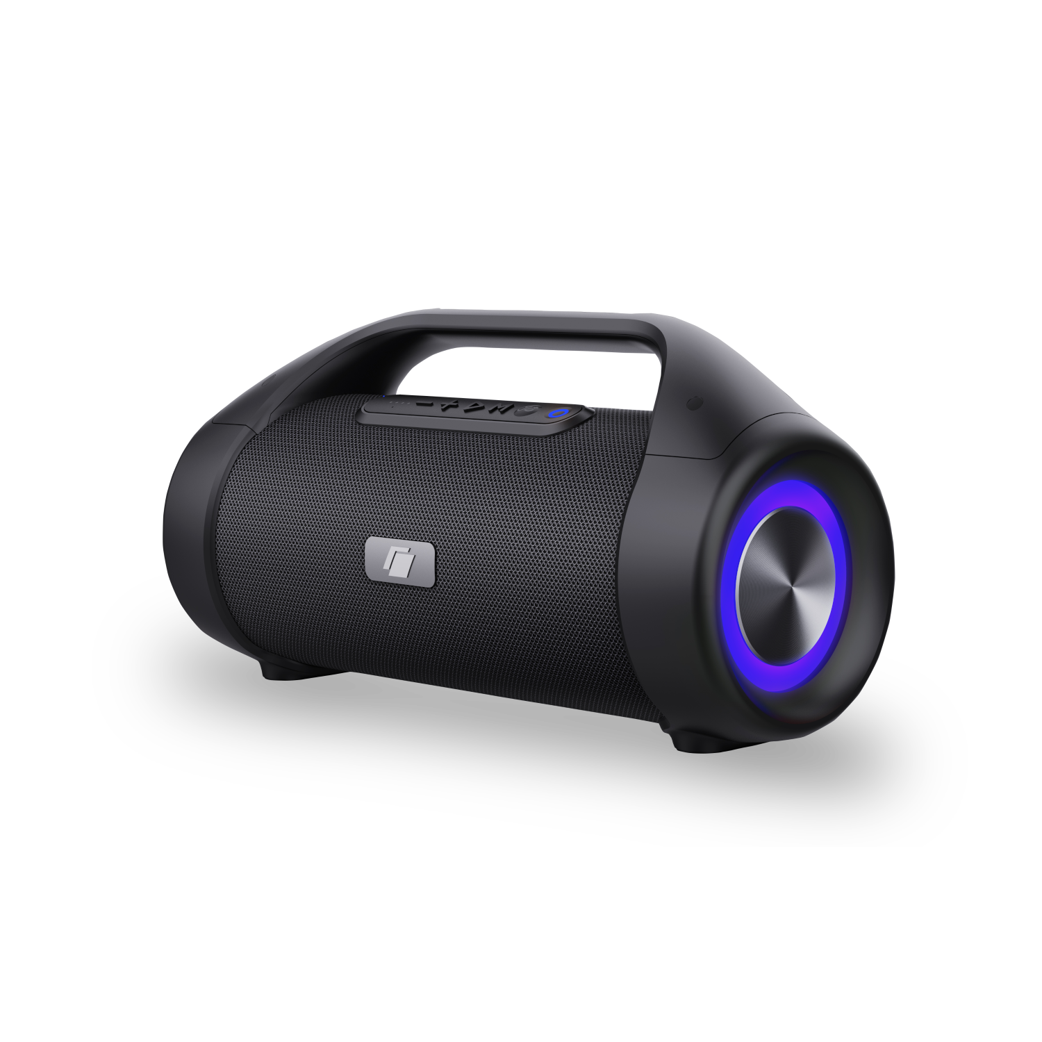 Een zwarte boombox-speaker, met een handvat en blauwe lichtaccenten.
