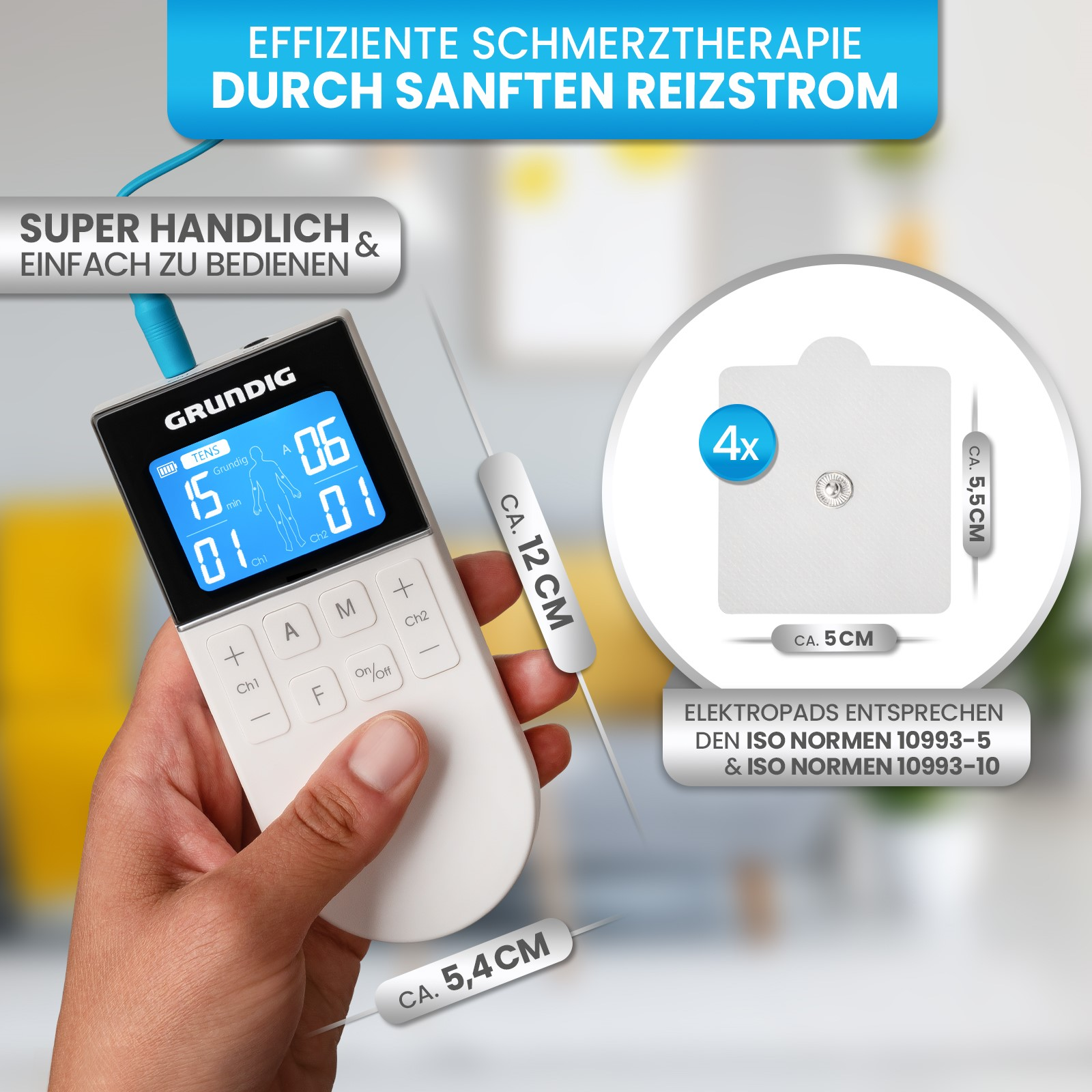 Eine Hand hält ein Grundig-Gerät mit Display und Knöpfen. Pads befinden sich rechts. Text auf Deutsch.