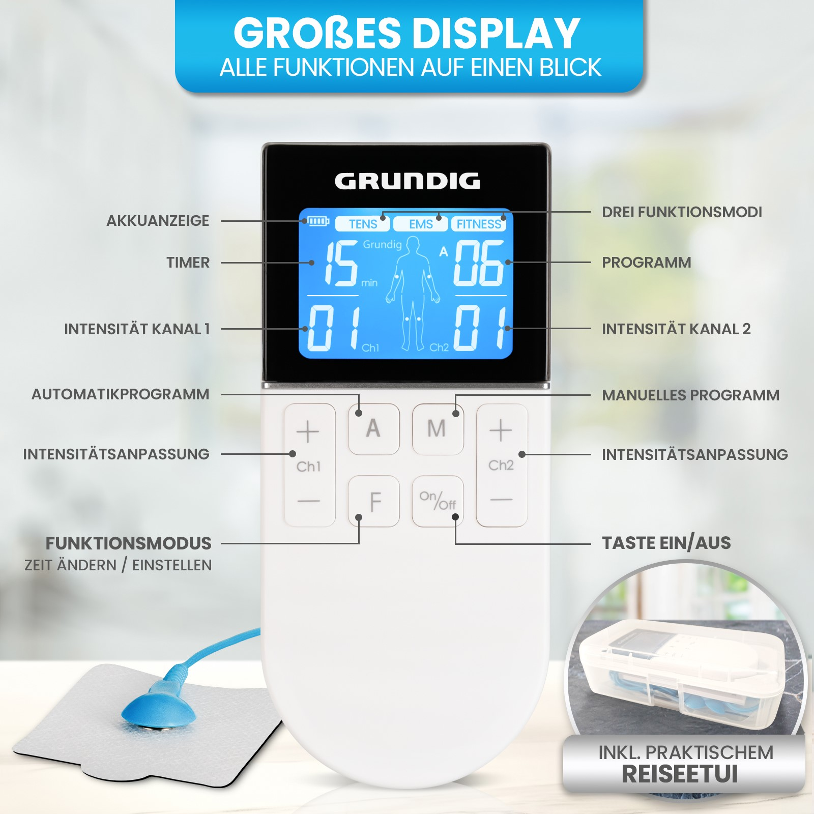 Ein weißes Gerät mit Display und Tasten. Ein blaues Pad und eine kleine weiße Box werden gezeigt.