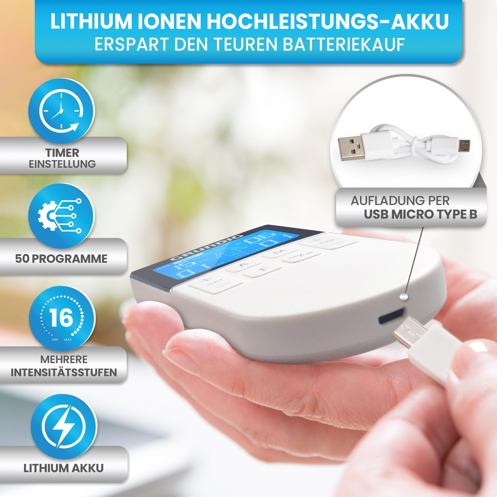 Weißes Gerät mit Knöpfen und einem Bildschirm. Ein Ladekabel ist angeschlossen. Weißer Hintergrund.