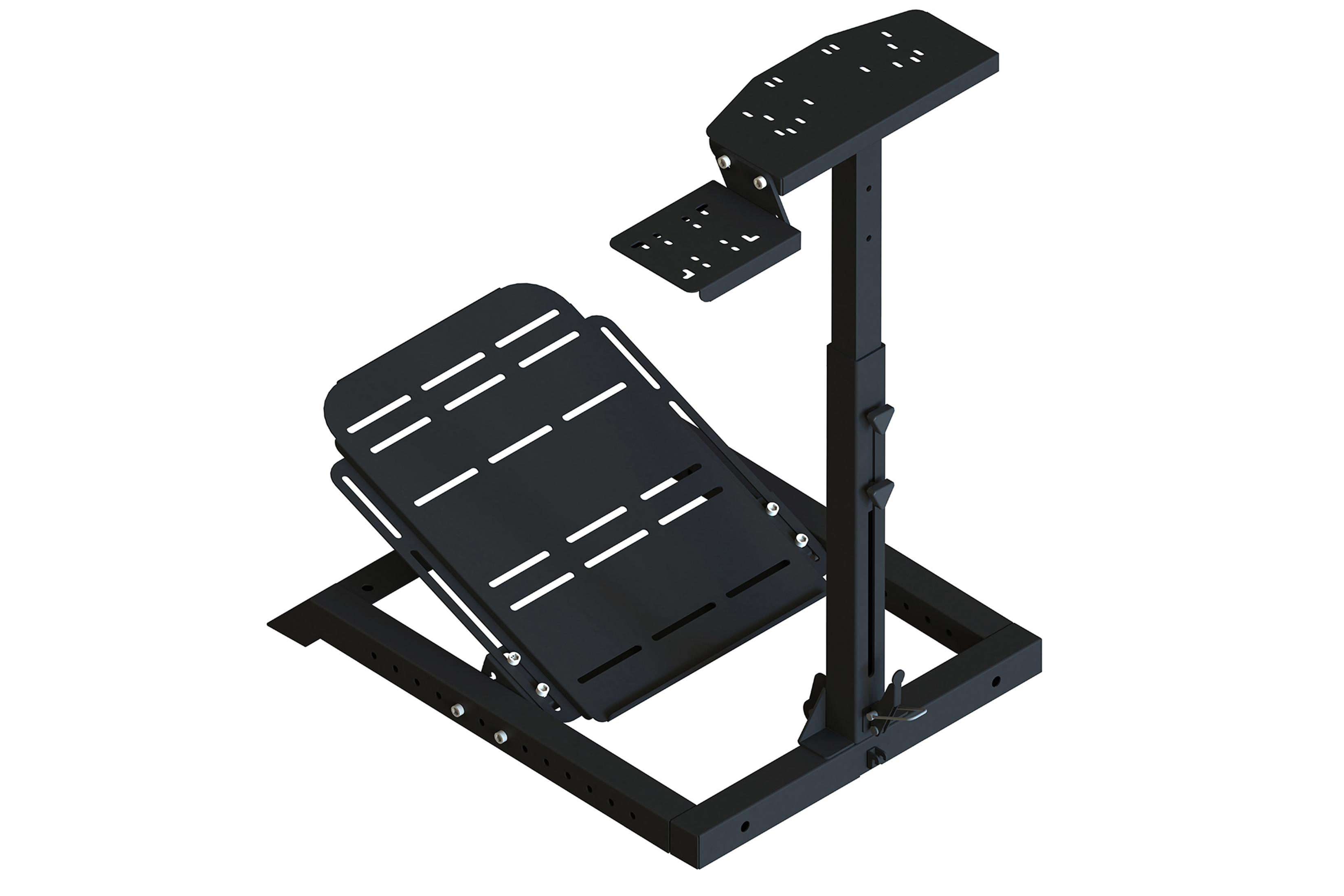 Schwarzes Gaming-Simulator-Cockpit auf weißem Hintergrund. Es umfasst einen Sitz und einen Ständer für Räder.