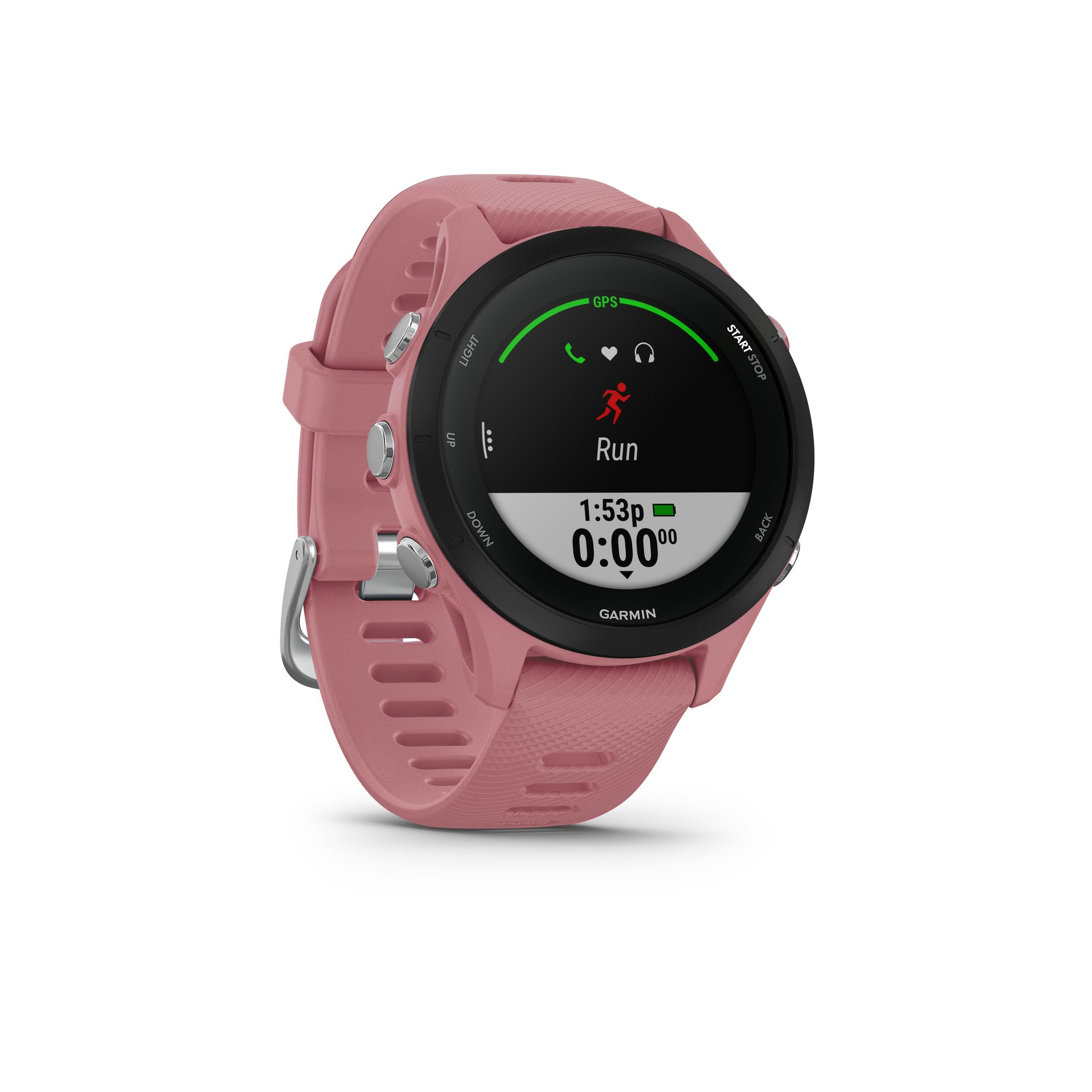Rosafarbene Garmin Smartwatch auf weißem Untergrund. Zeigt Laufdaten auf einem schwarzen Bildschirm an.
