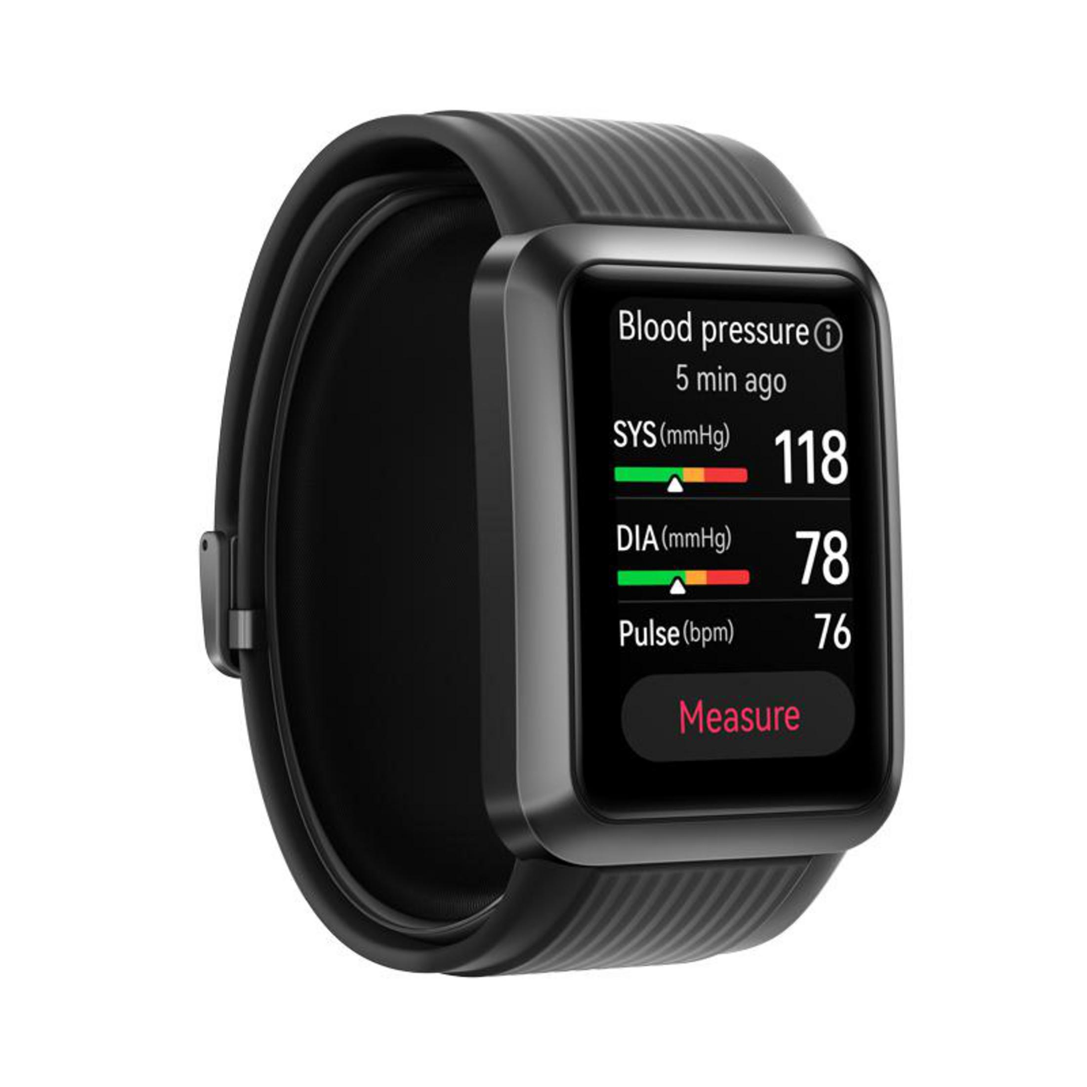 Schwarze Smartwatch zeigt Blutdruck- und Pulswerte an. Der Bildschirm zeigt Zahlen und eine 'Messen'-Taste.