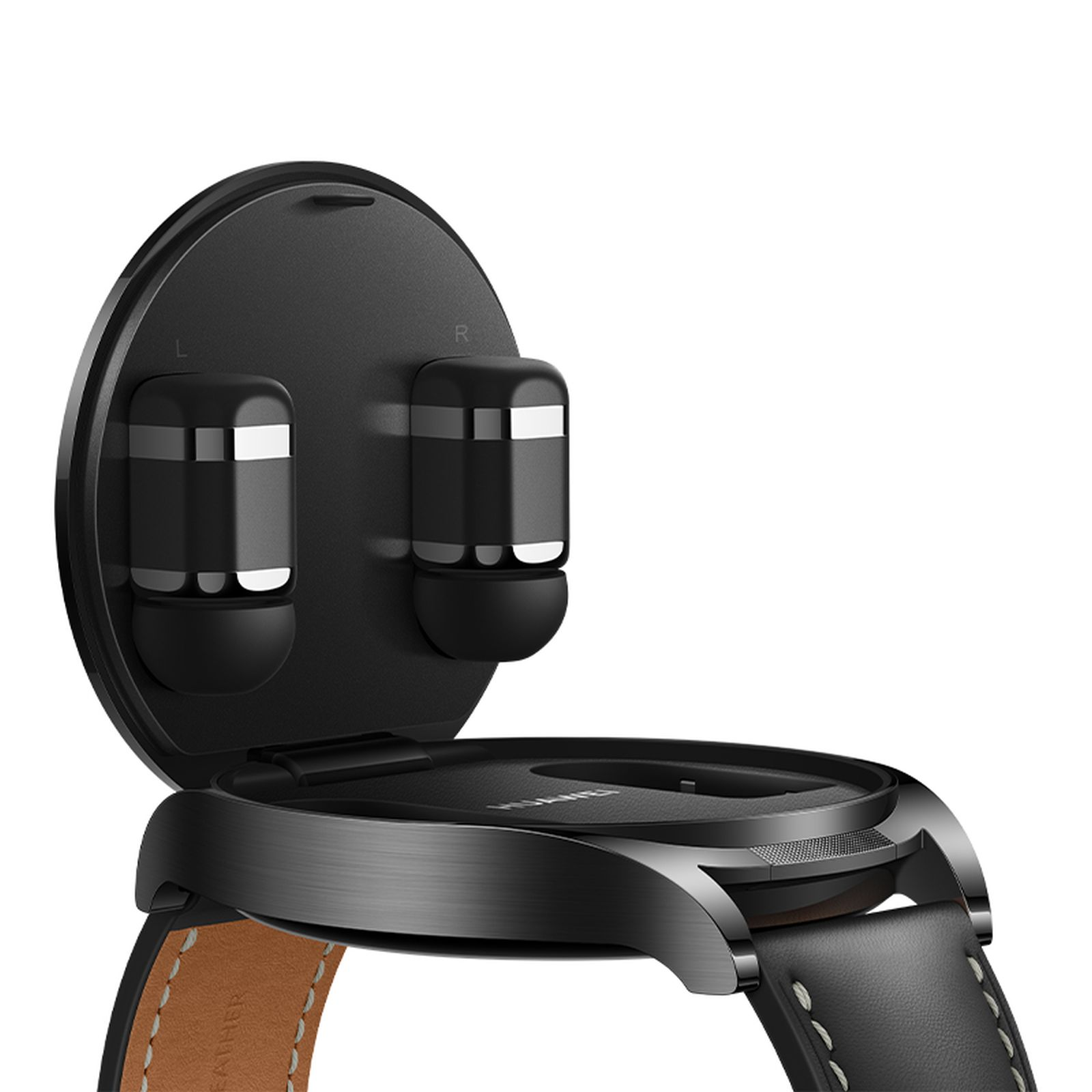 Eine schwarze Smartwatch mit Ladeetui, die die Uhr und die Ohrhörer zeigt.