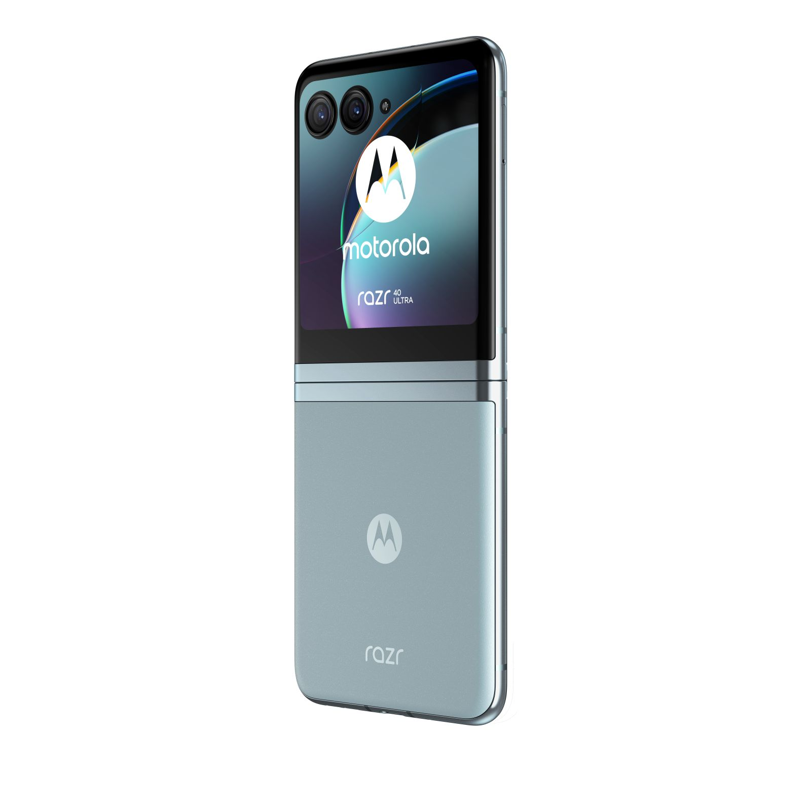 Złożony telefon Motorola Razr w kolorze morskim. Wyświetlacz włączony, pokazujący logo.