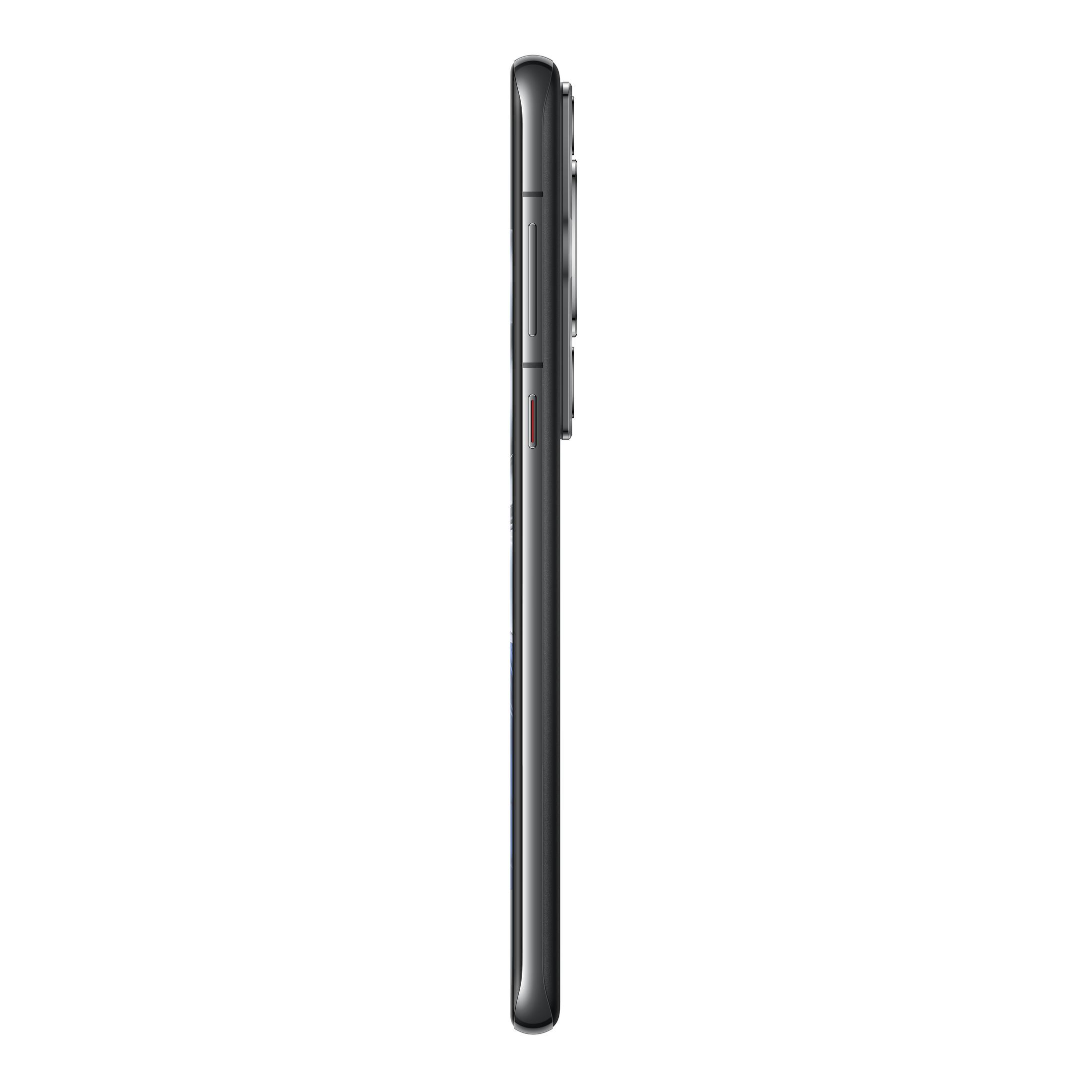 Seitenansicht eines schwarzen Smartphones. Es hat ein schlankes, schlankes Design und einen Kamerabuckel.