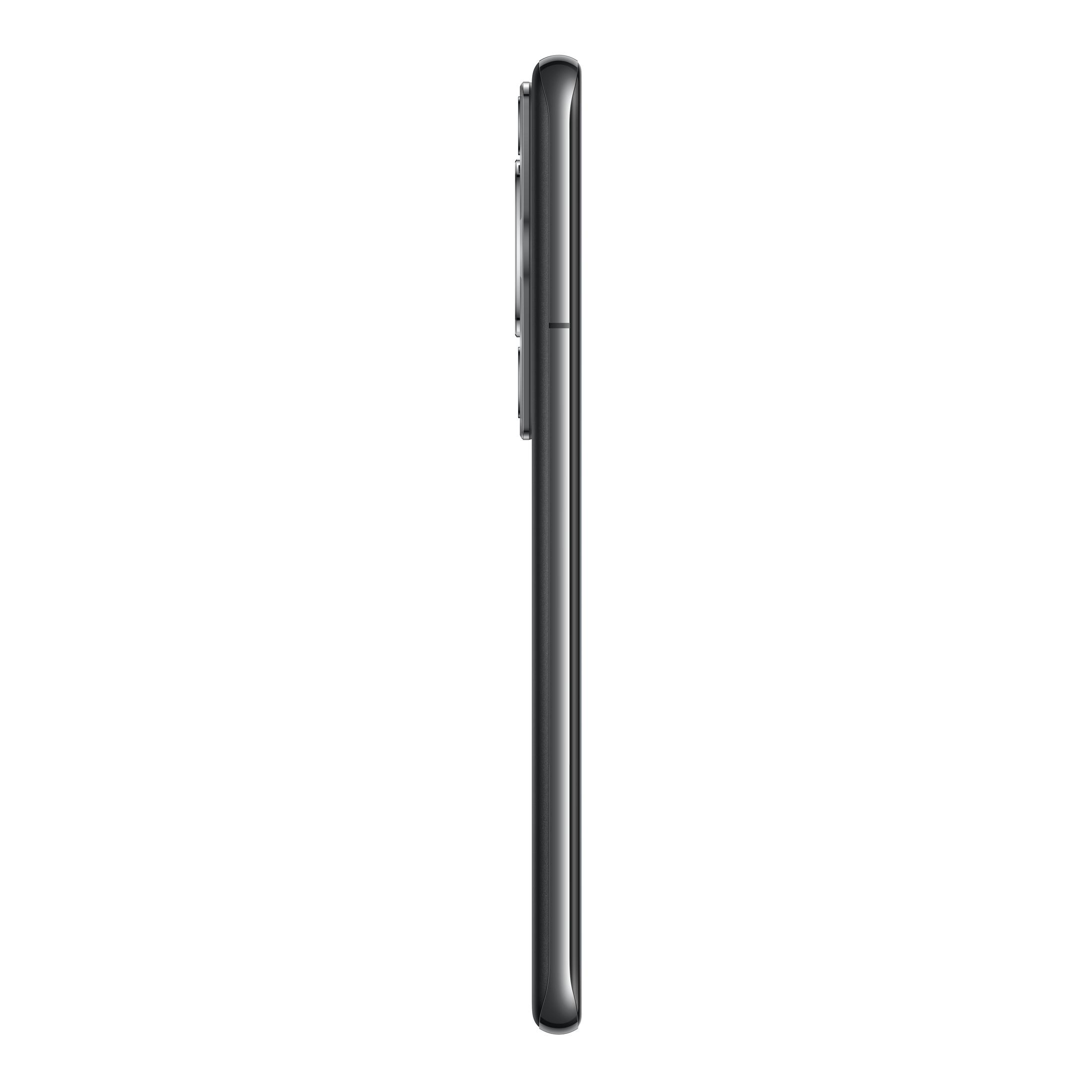 Seitenansicht eines schwarzen Smartphones, das sein schlankes Profil vor weißem Hintergrund zeigt.