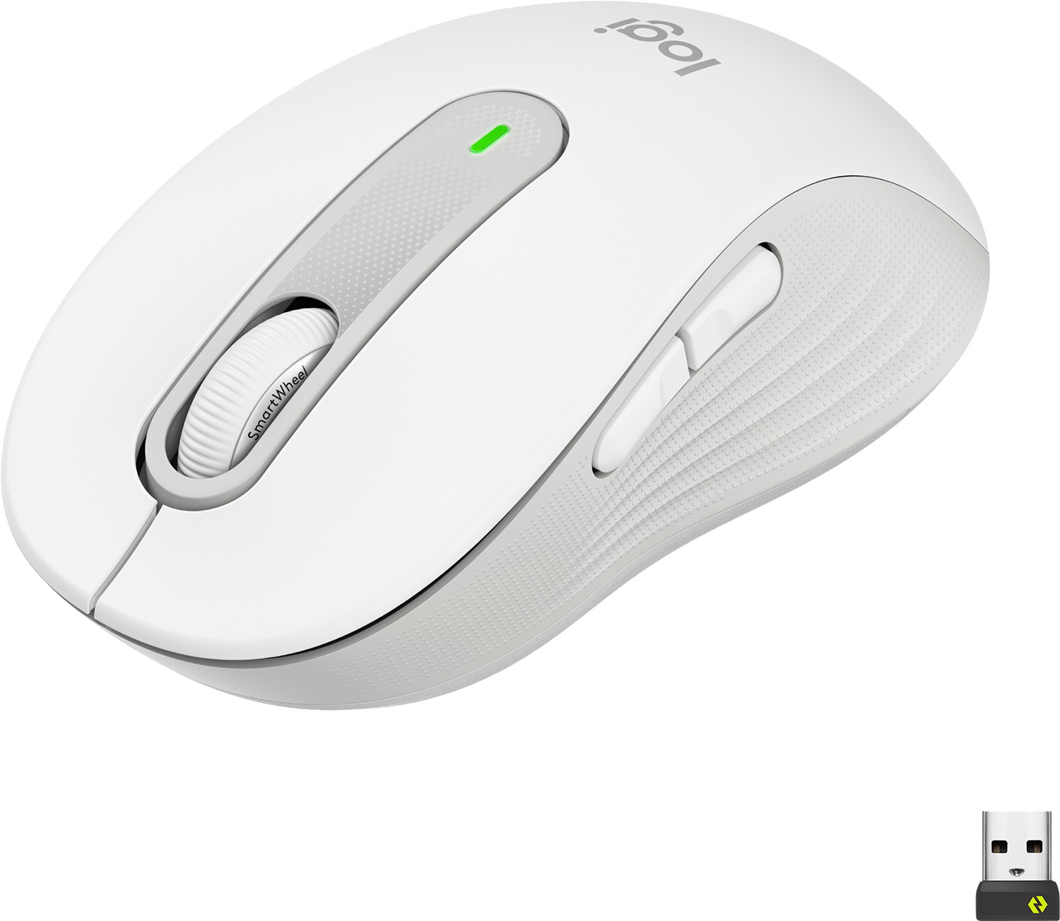 Biała mysz z kółkiem przewijania i dwoma przyciskami. Zawiera odbiornik USB i logo Logitech.