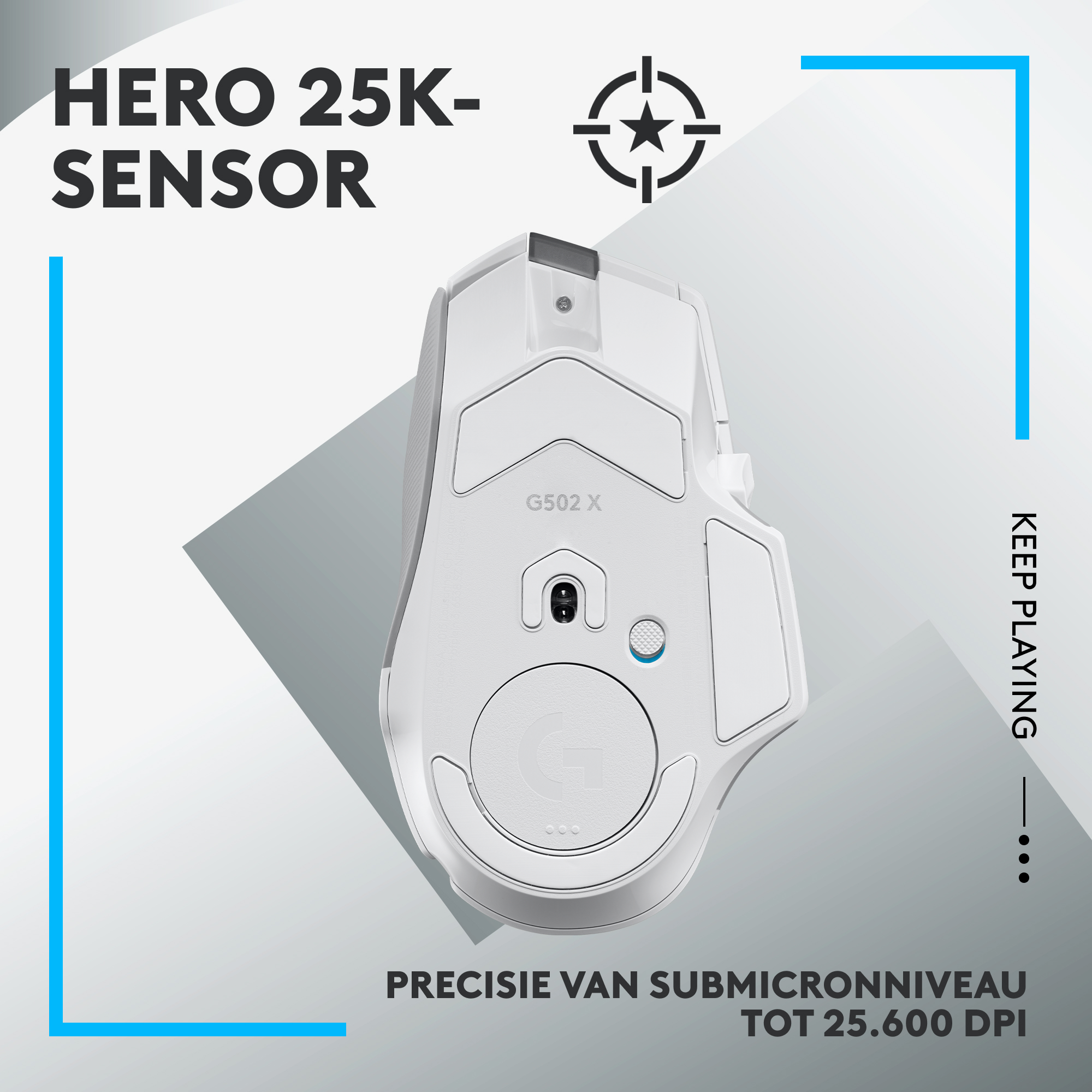 Biała mysz do gier, z marką 'Logitech' i podświetlonymi funkcjami.