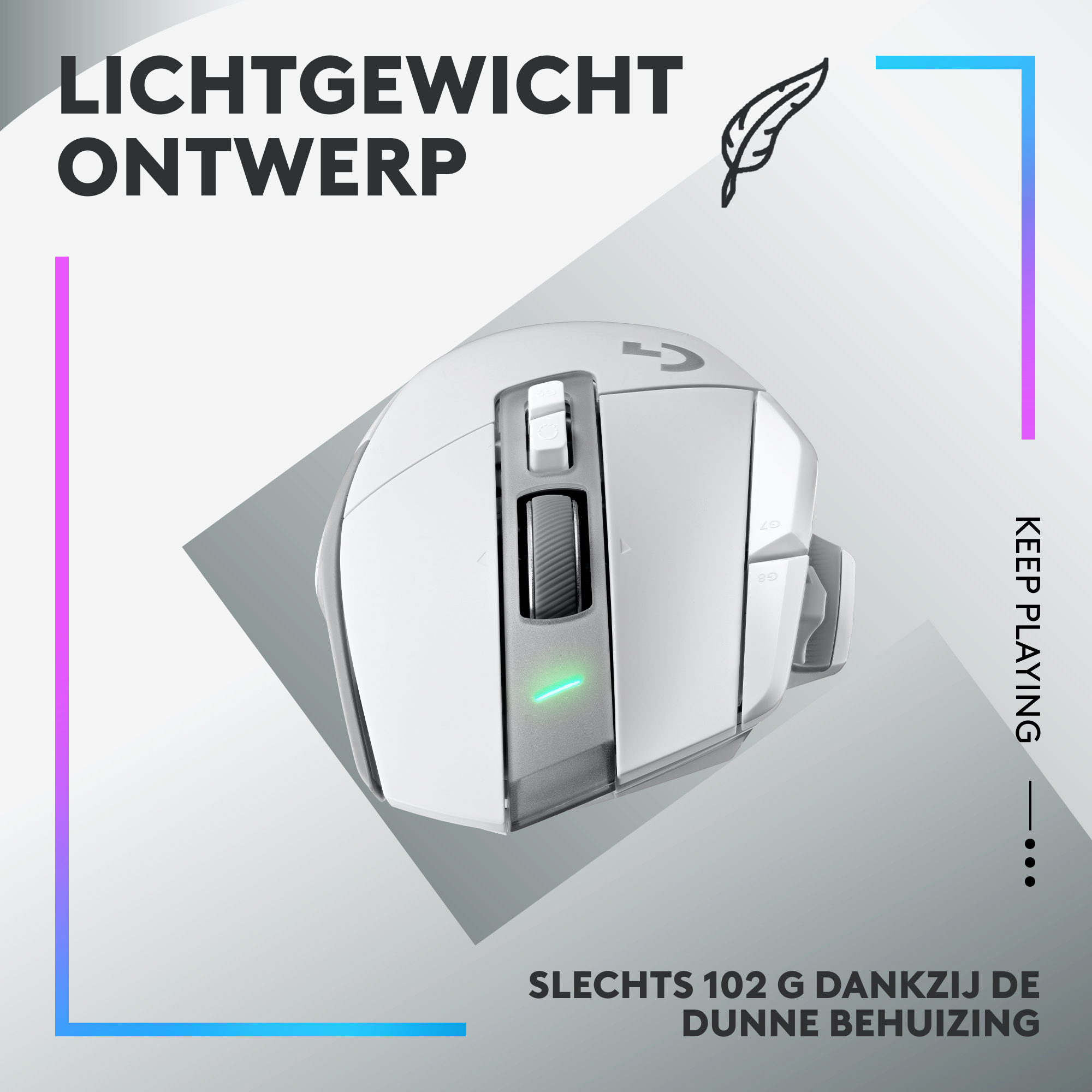 Biała mysz do gier, widoczne szczegóły, tekst: lekka konstrukcja, 102g.