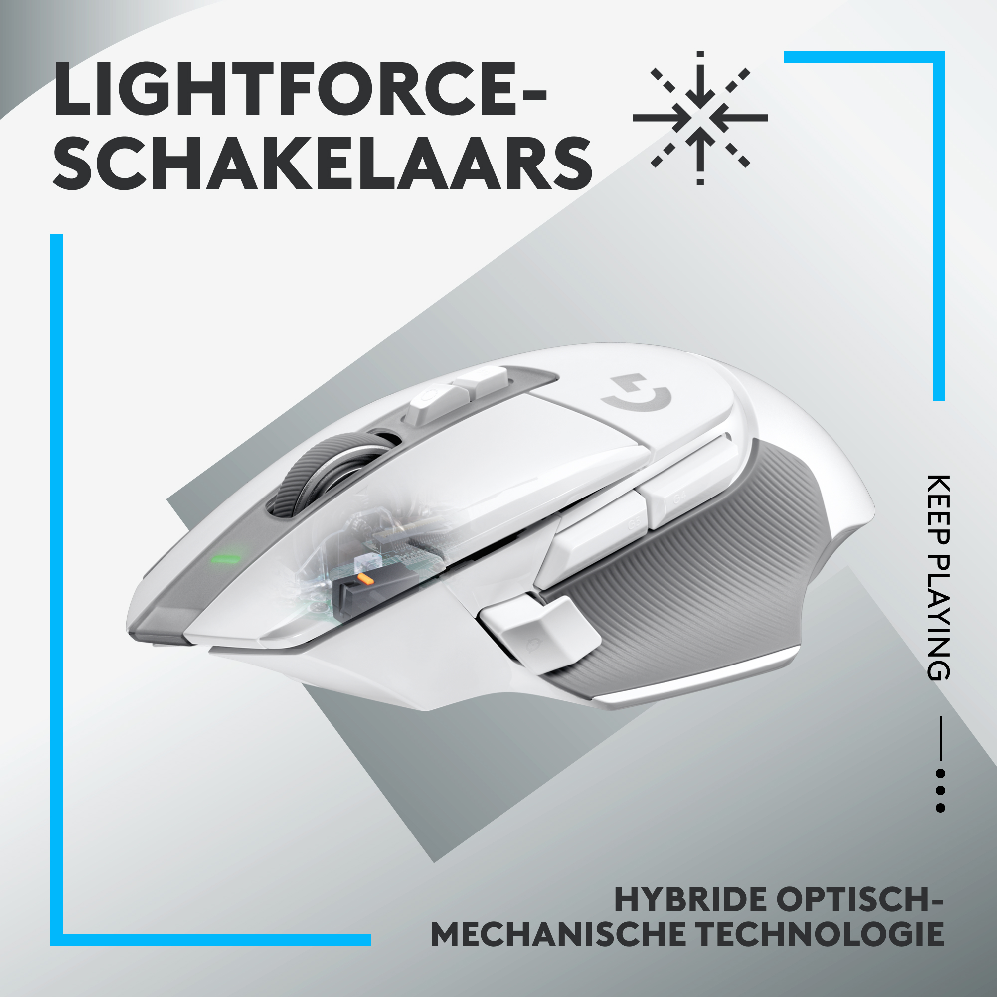 Biała i szara mysz do gier z bocznymi przyciskami. Tekst: LIGHTFORCE-SCHAKELAARS, HYBRIDE OPTISCH.