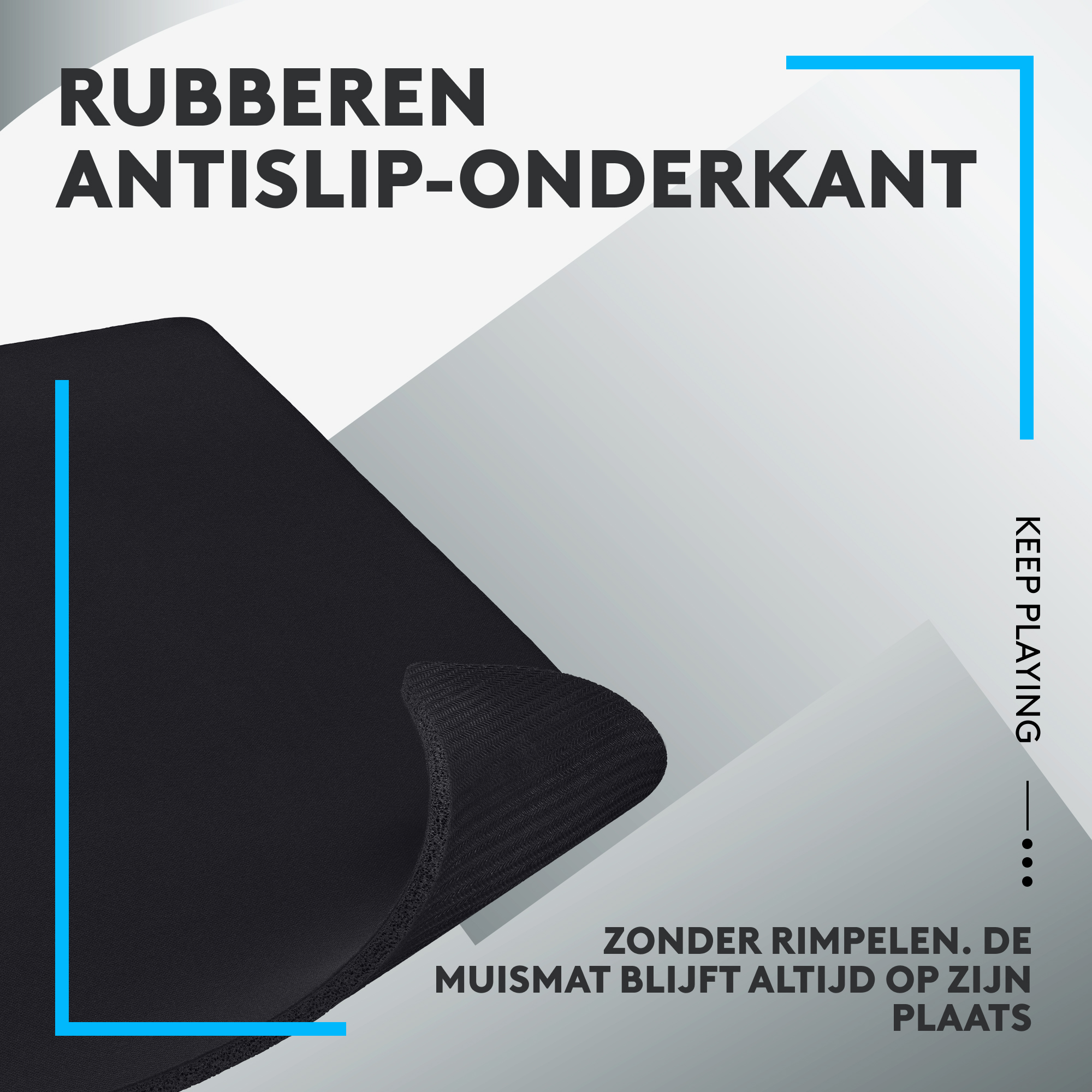 Czarna podkładka pod mysz z gumowym, antypoślizgowym spodem, tekst po holendersku.