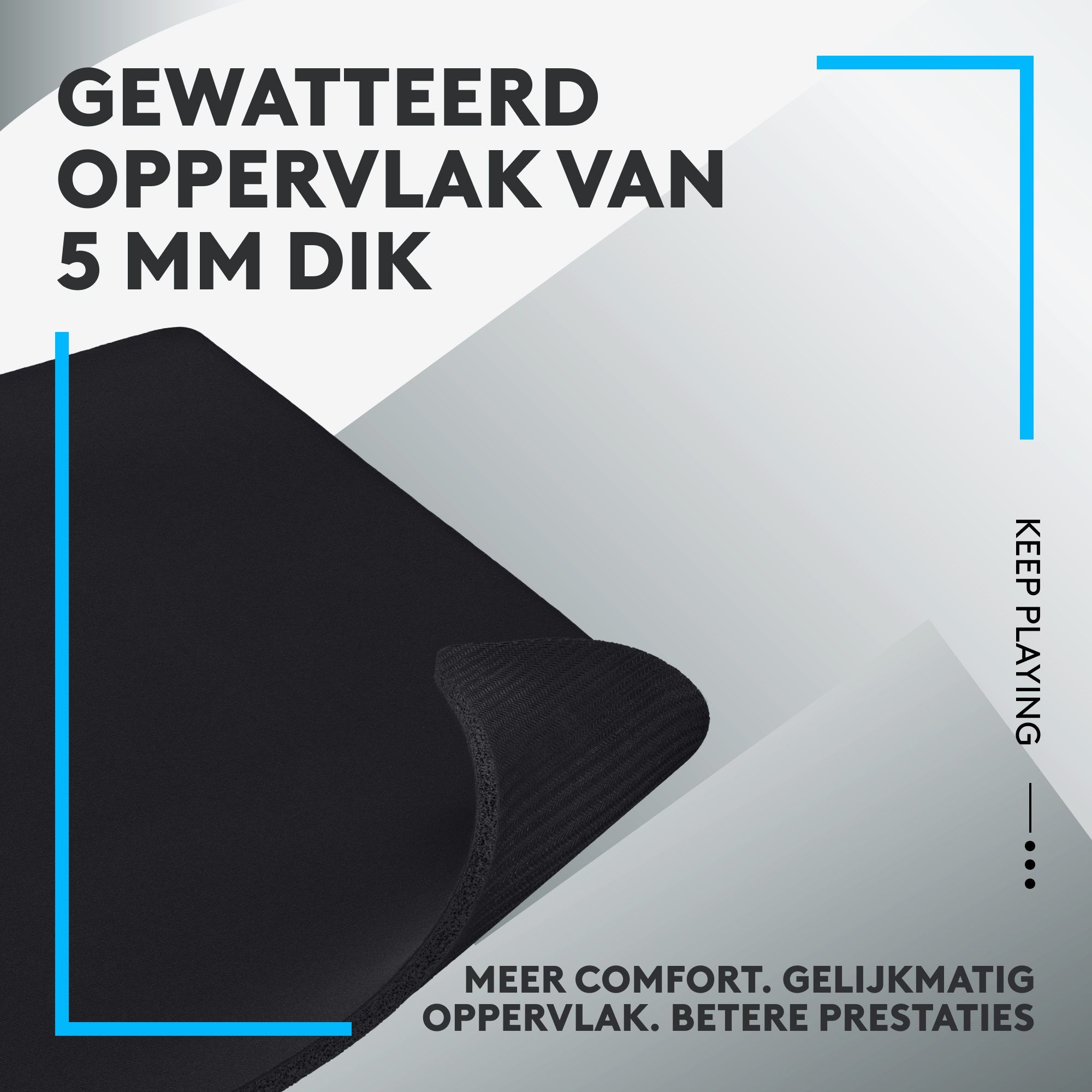 Czarna podkładka pod mysz z teksturowaną powierzchnią, z niebieską ramką i tekstem po holendersku.