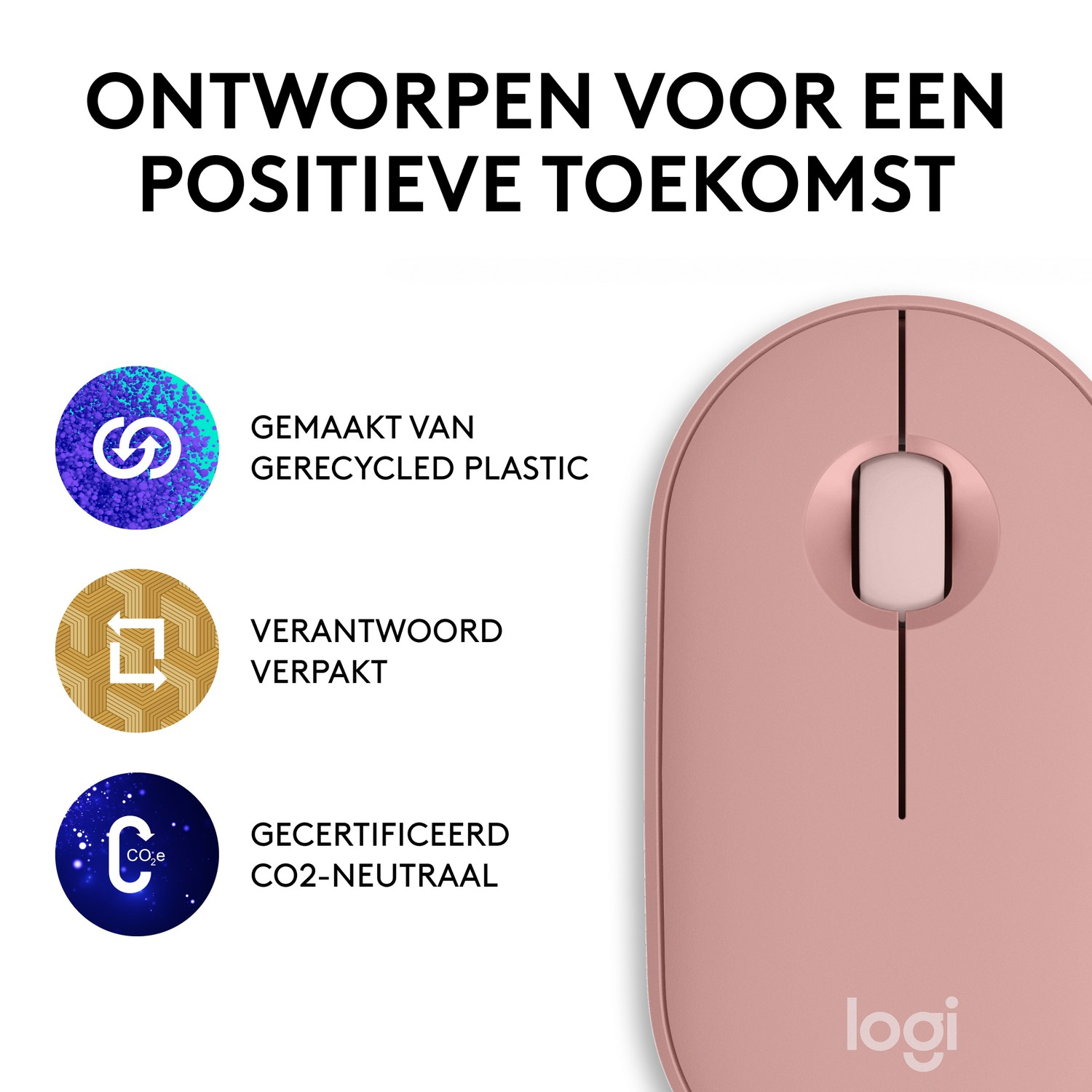 Mouse wireless rosa con testo e icone che promuovono il design sostenibile, su sfondo bianco.
