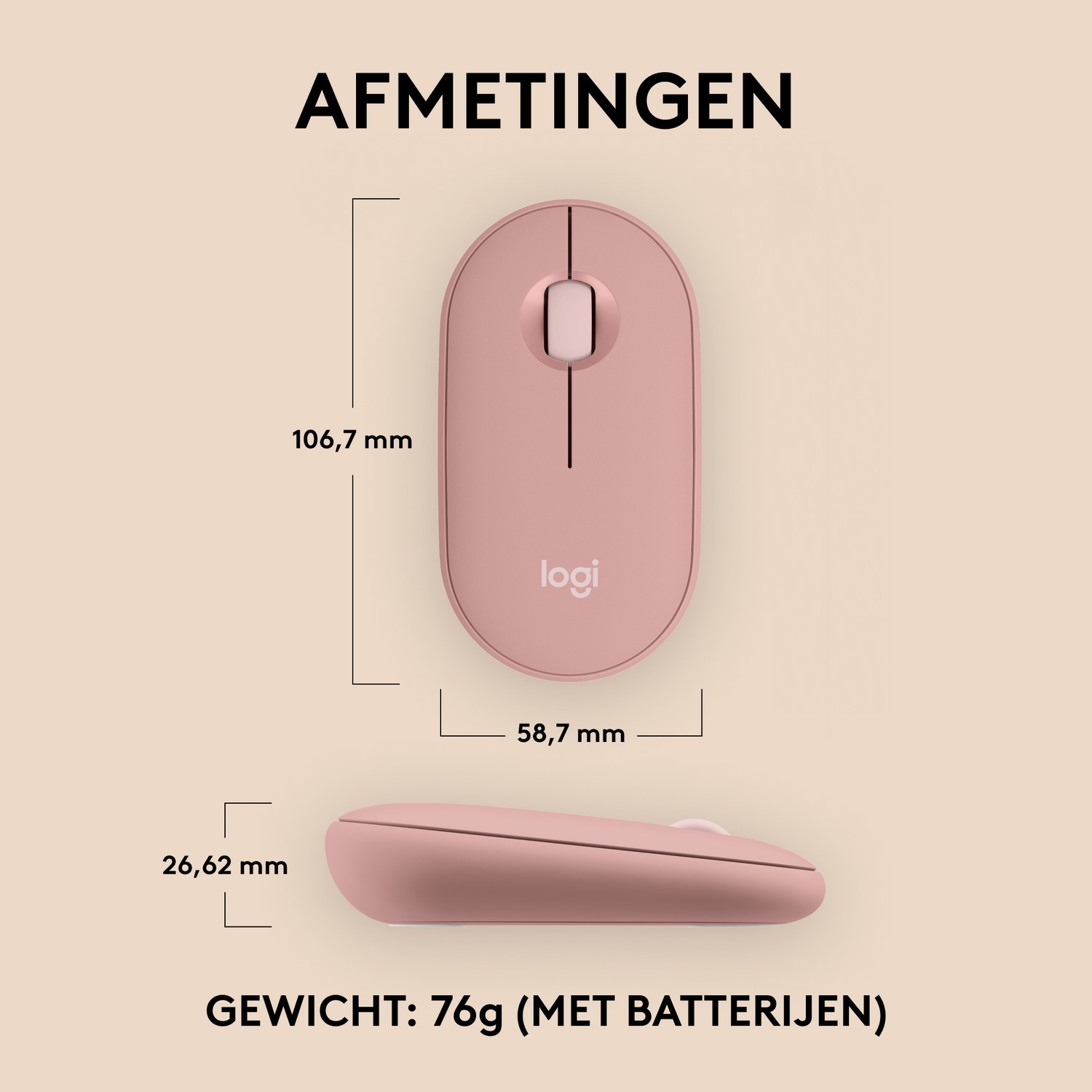 Un mouse Logi rosa, con dimensioni e peso: 76g (con batterie).