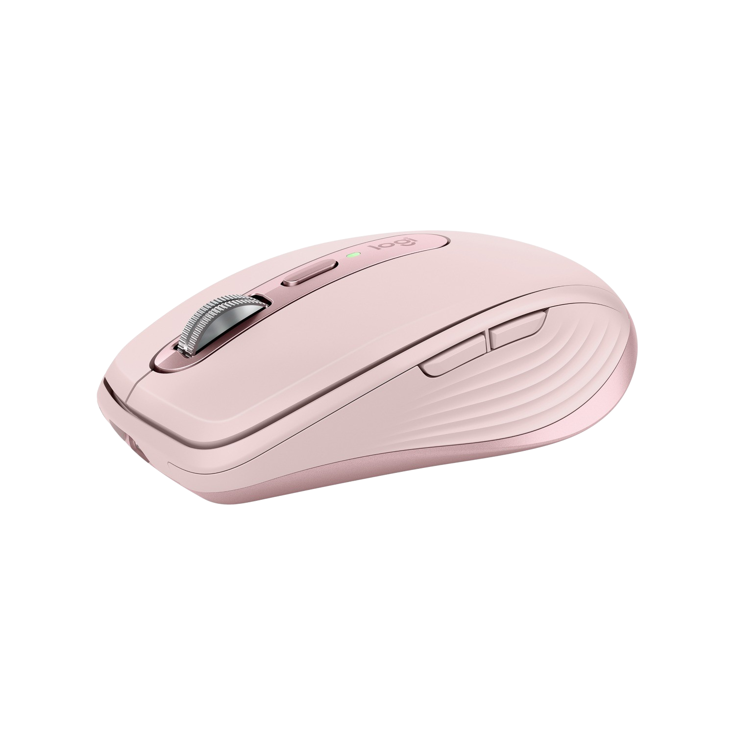 Różowa bezprzewodowa mysz komputerowa z kółkiem przewijania i przyciskami, na czarnej powierzchni.