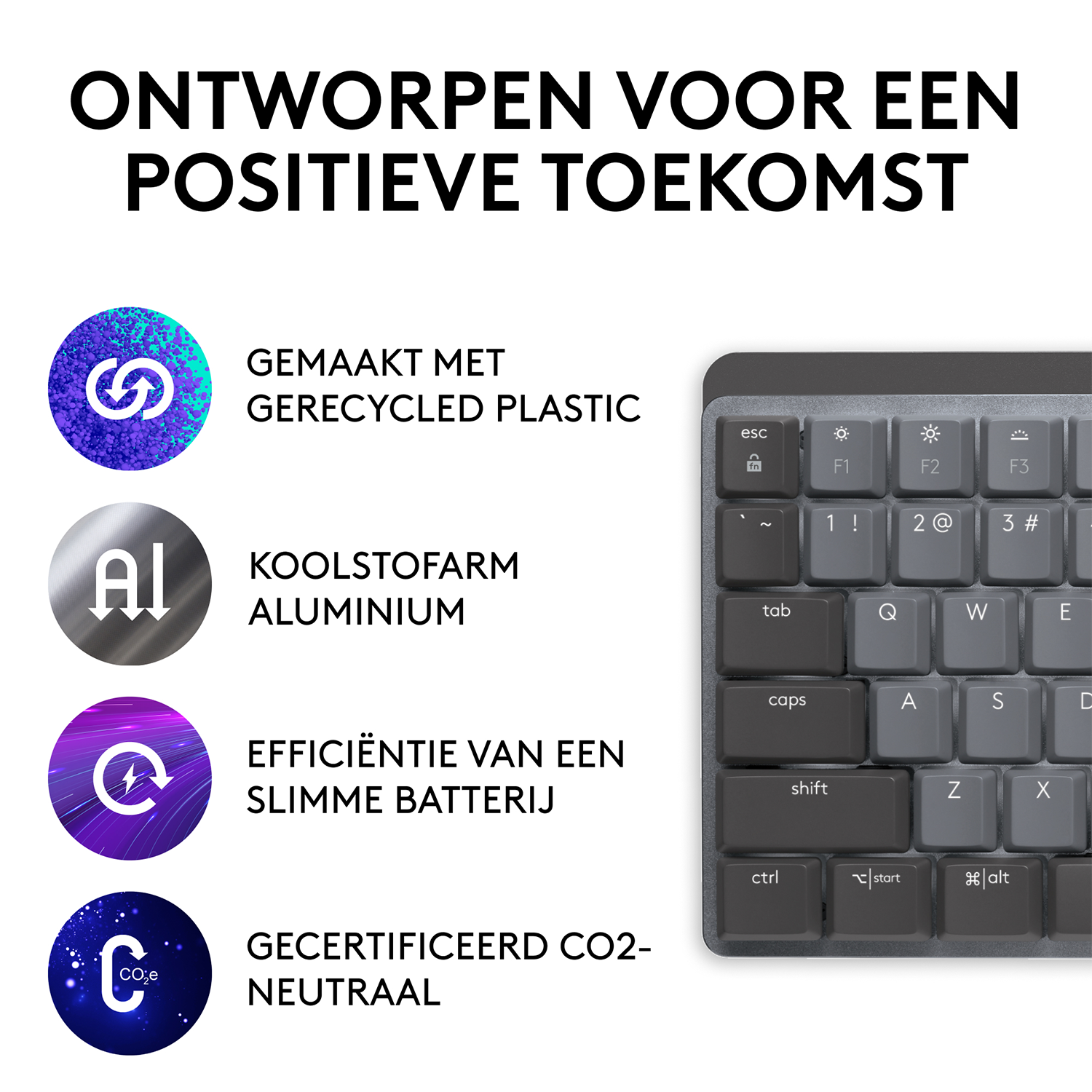 Zbliżenie klawiatury z tekstem o plastiku z recyklingu, aluminium i neutralności CO2.