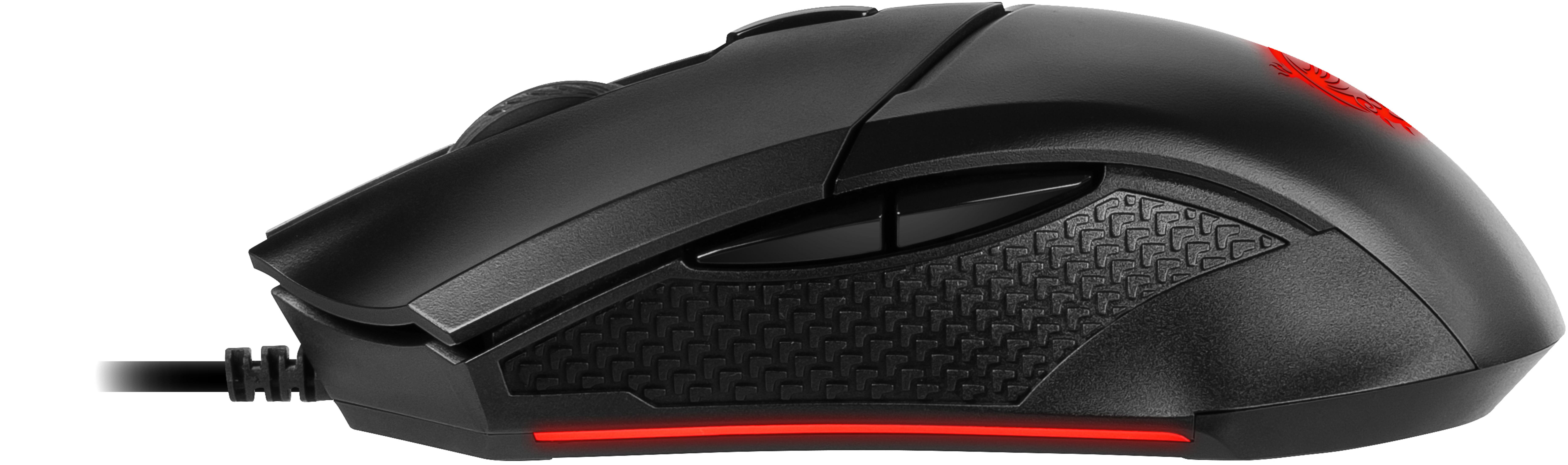 Schwarze Gaming-Maus. Rote Lichtakzente. Strukturierter Griff.