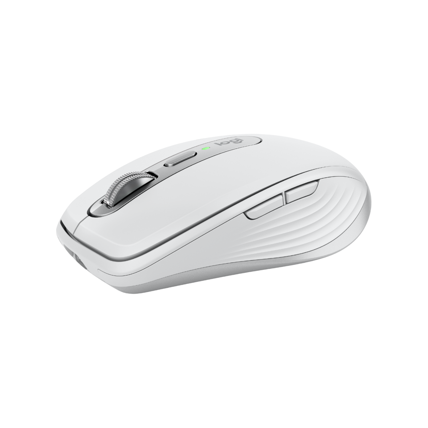 Biała mysz bezprzewodowa z dwoma bocznymi przyciskami, kółkiem przewijania i srebrnym akcentem.